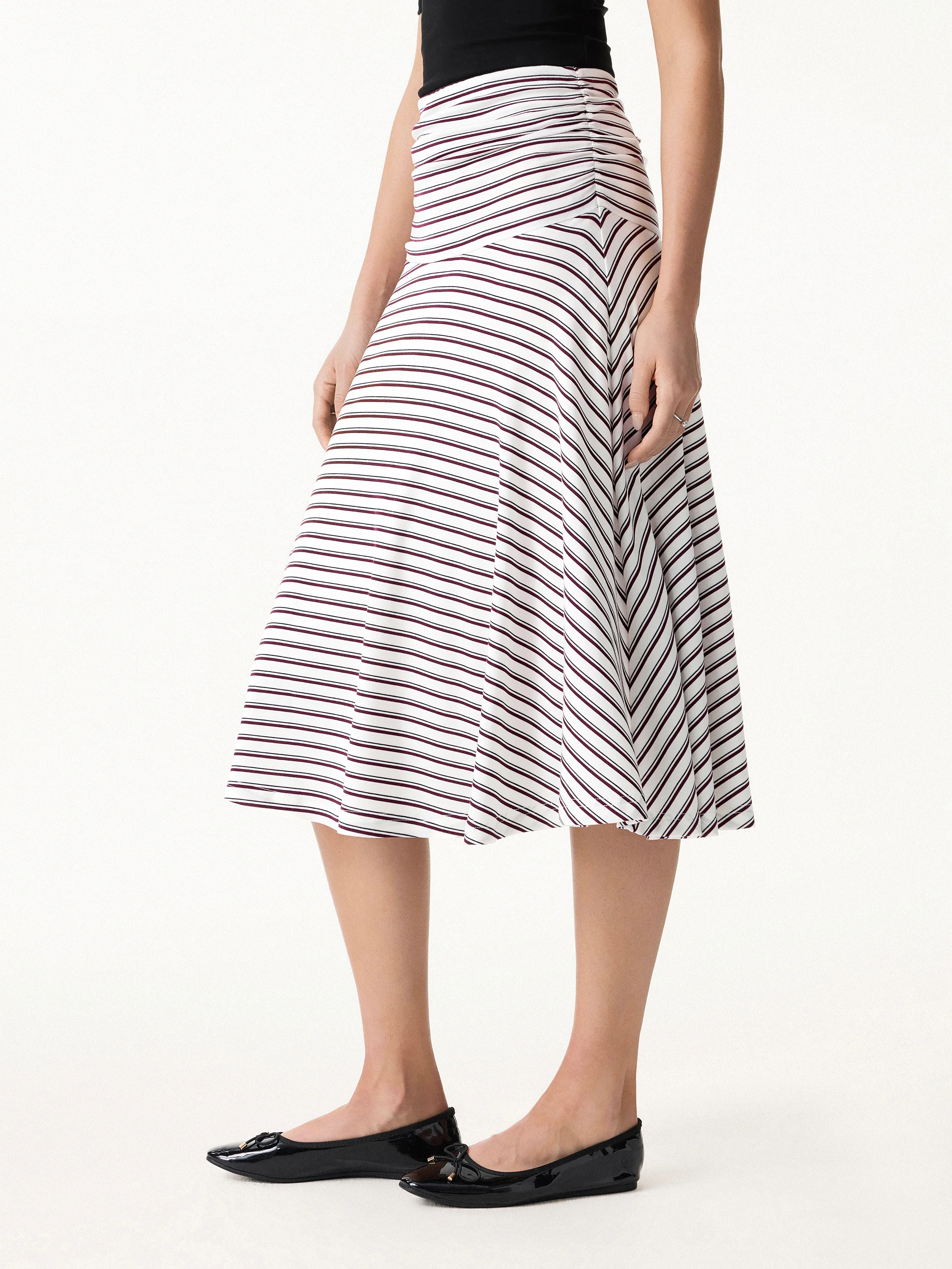 Flowy Striped Circle Flare Ruched Midi Skirt - Image 2