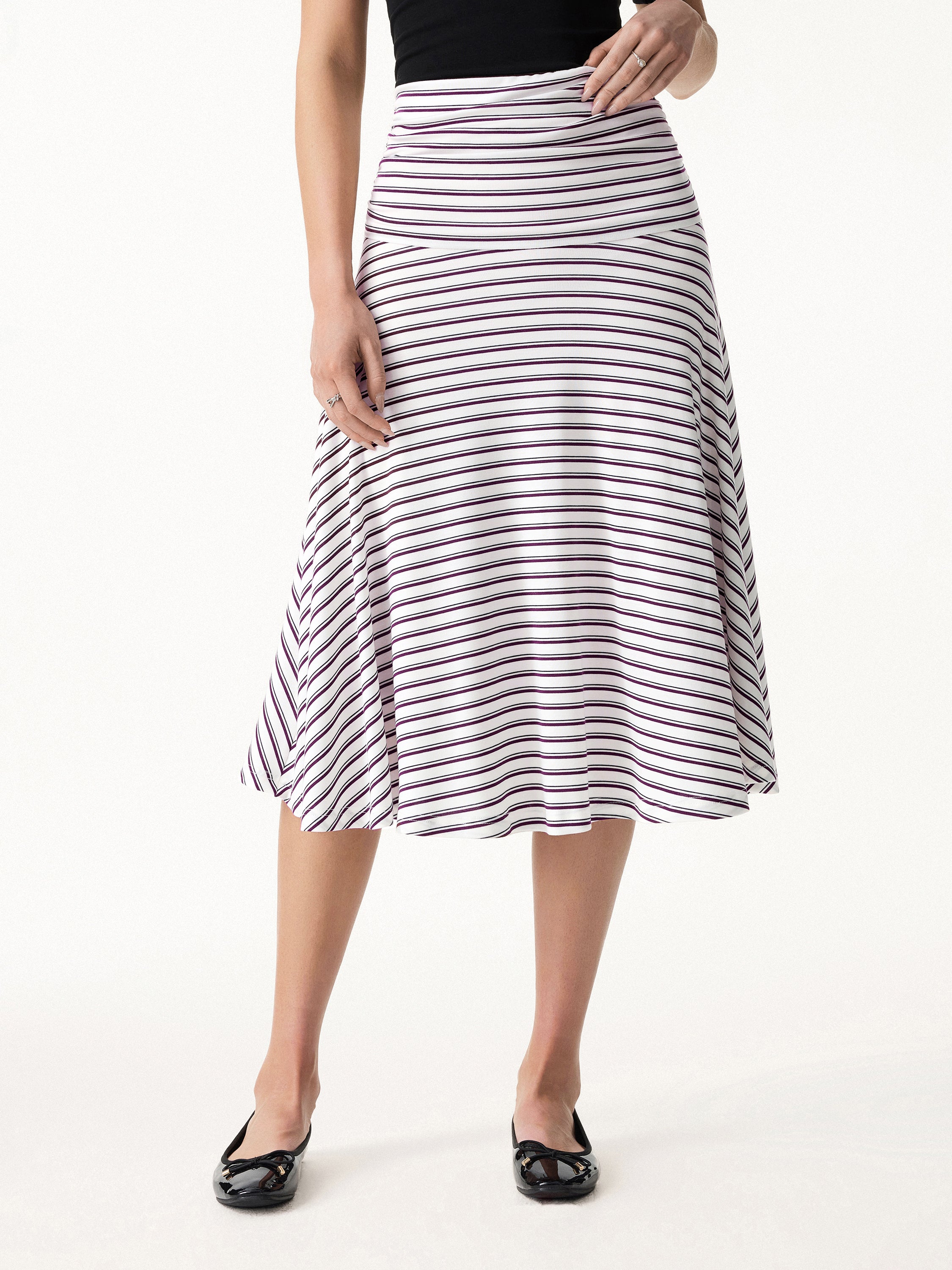 Flowy Striped Circle Flare Ruched Midi Skirt - Image 4