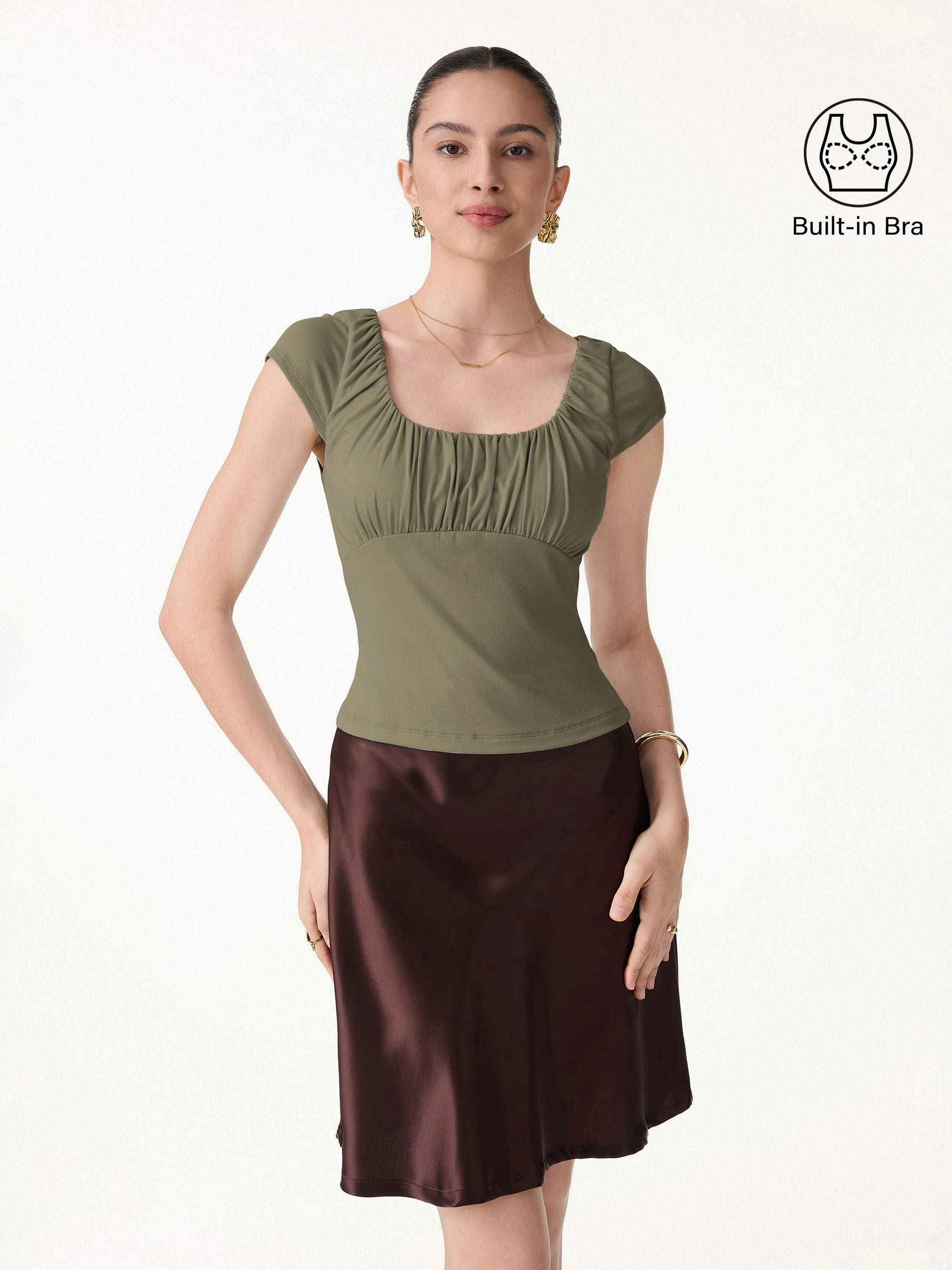 Linen Blend Jersey Ruched Square Neck Cropped Bra Top
