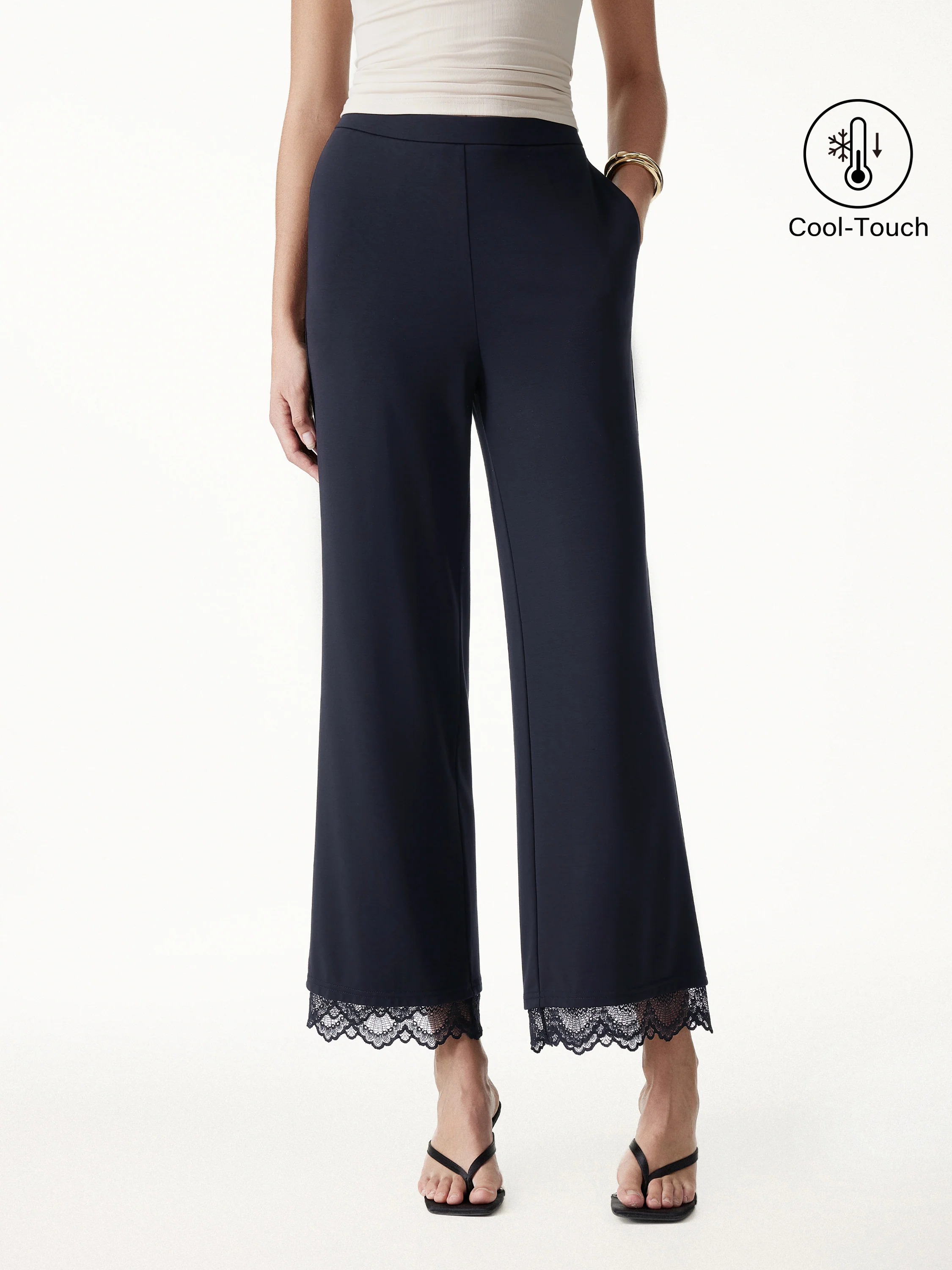 Lace Trim Draped Mid Rise Wide Leg Pants with Pockets
