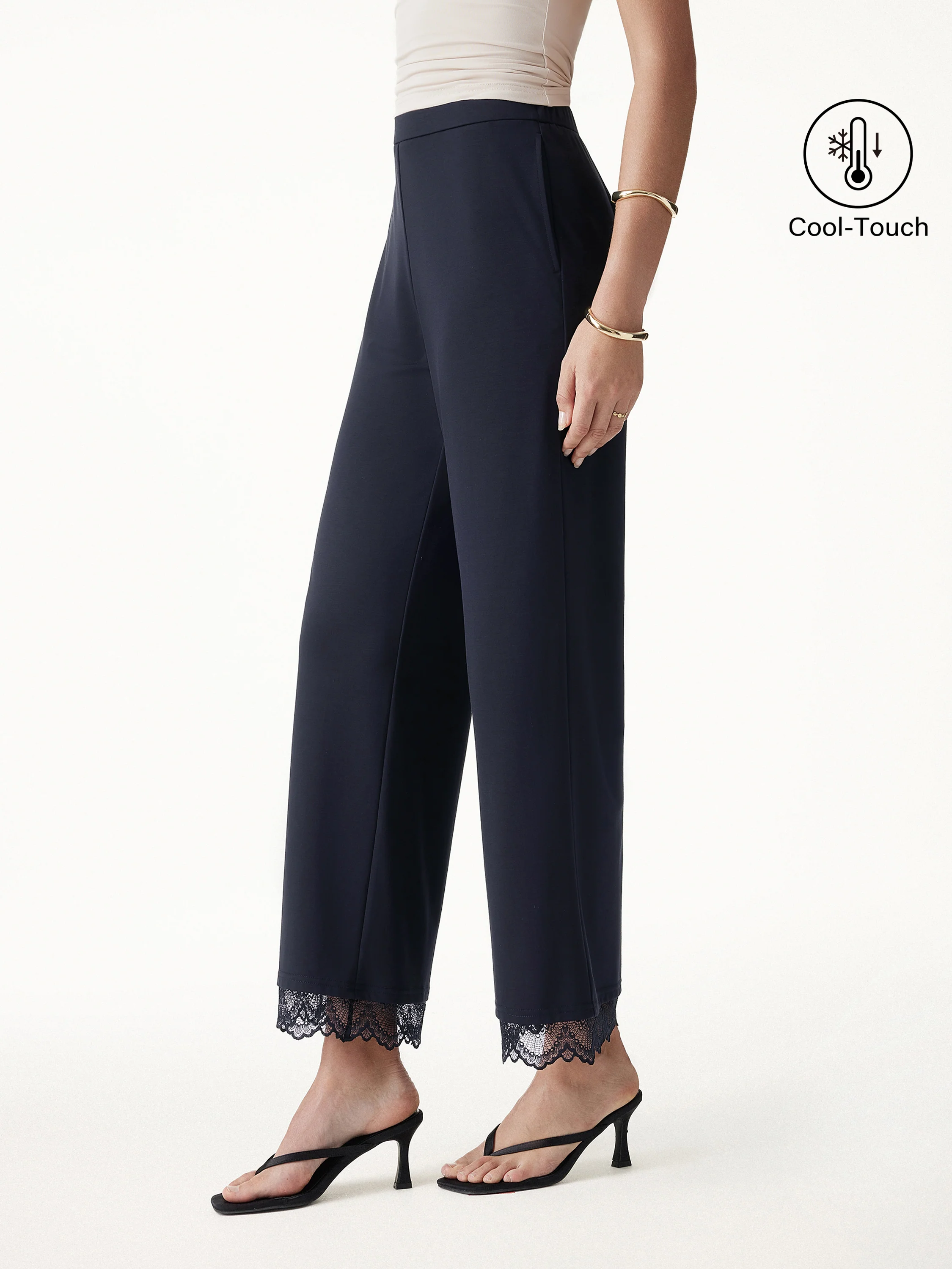 Lace Trim Draped Mid Rise Wide Leg Pants with Pockets - Image 12