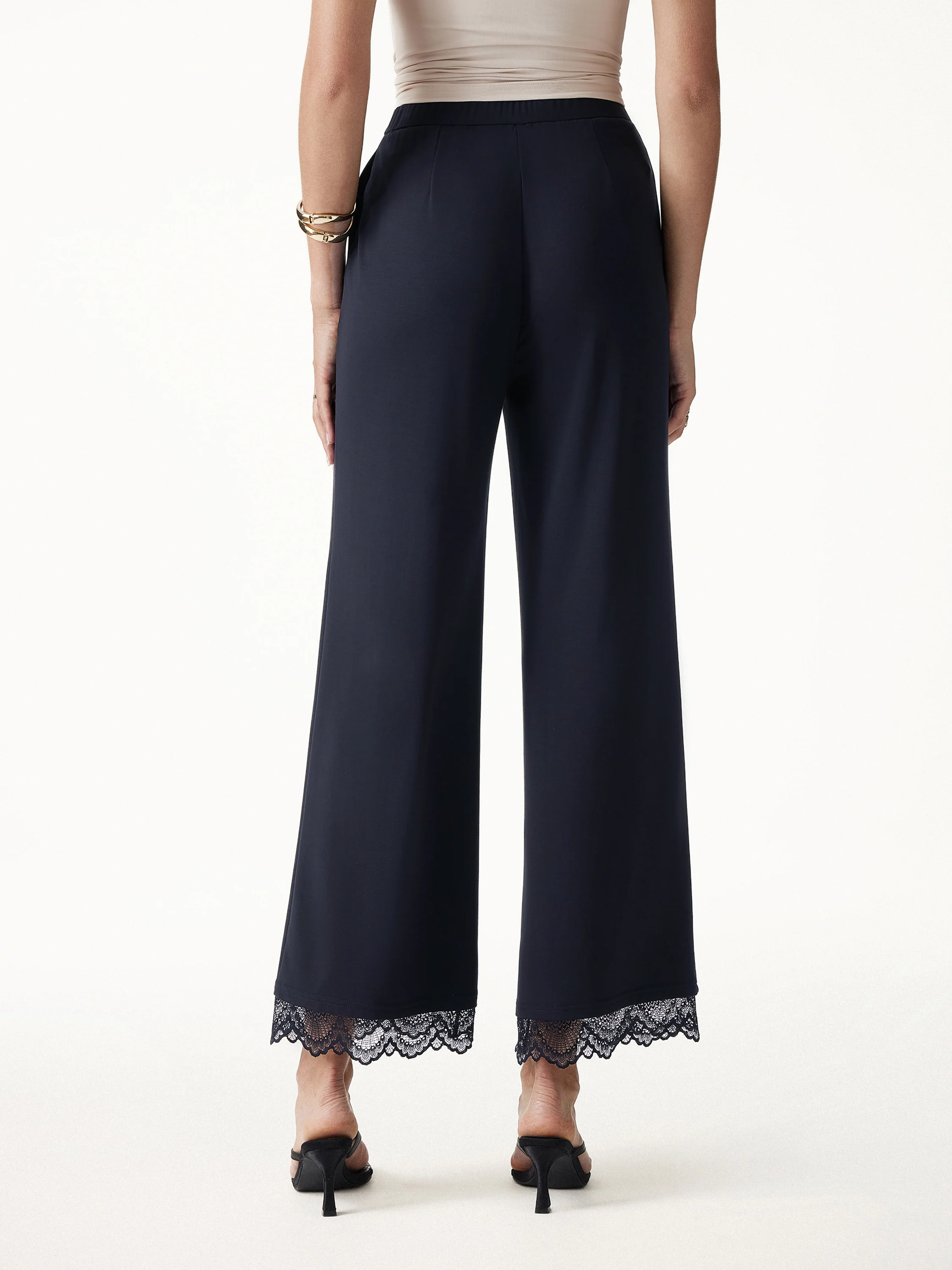 Lace Trim Draped Mid Rise Wide Leg Pants with Pockets - Image 13