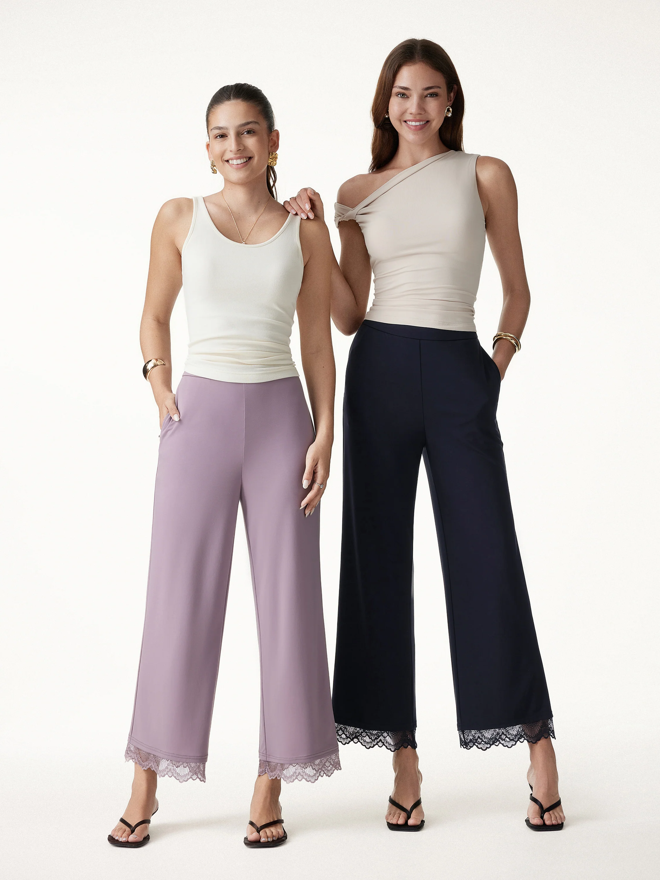 Lace Trim Draped Mid Rise Wide Leg Pants with Pockets - Image 2