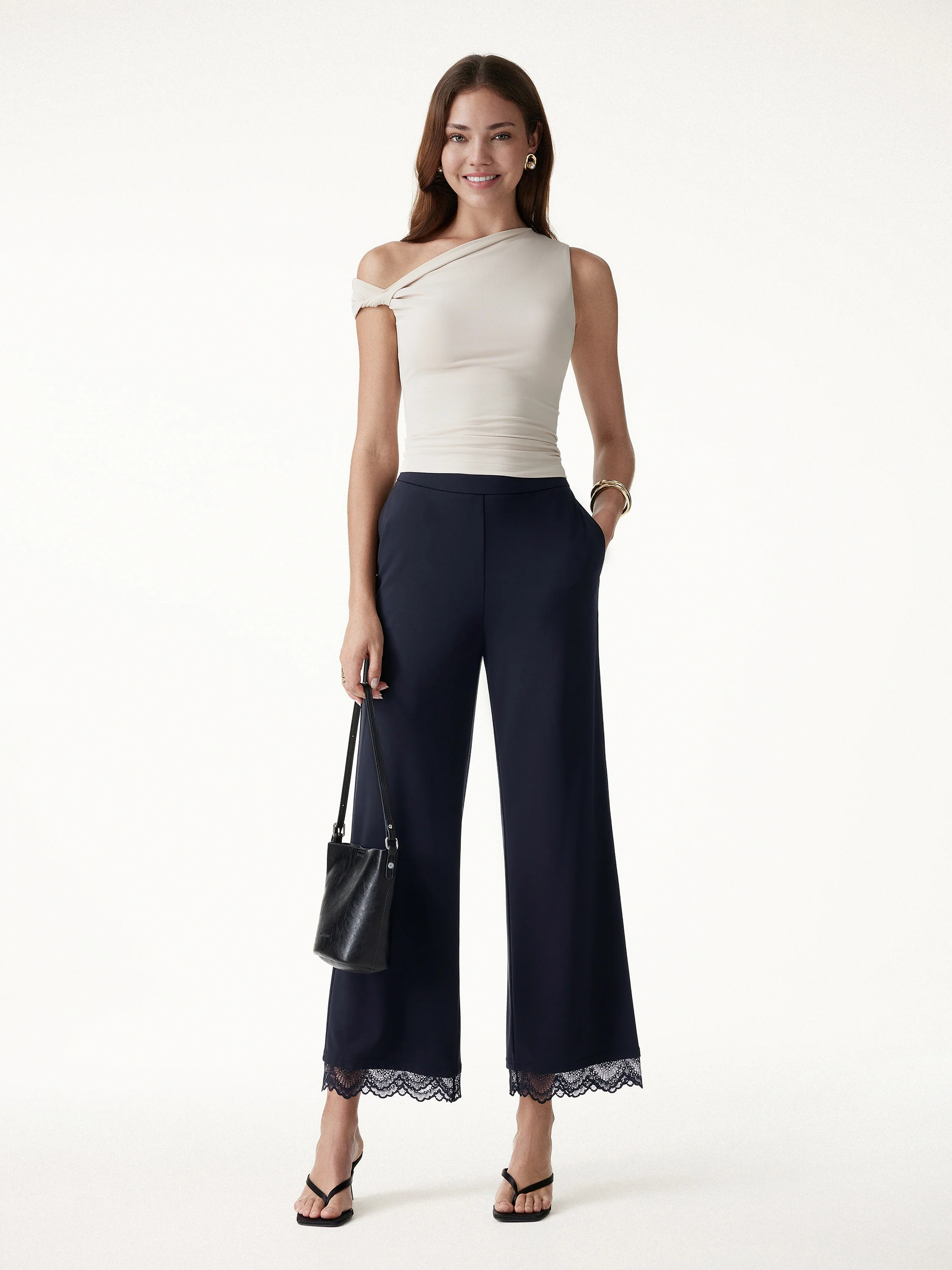 Lace Trim Draped Mid Rise Wide Leg Pants with Pockets - Image 8