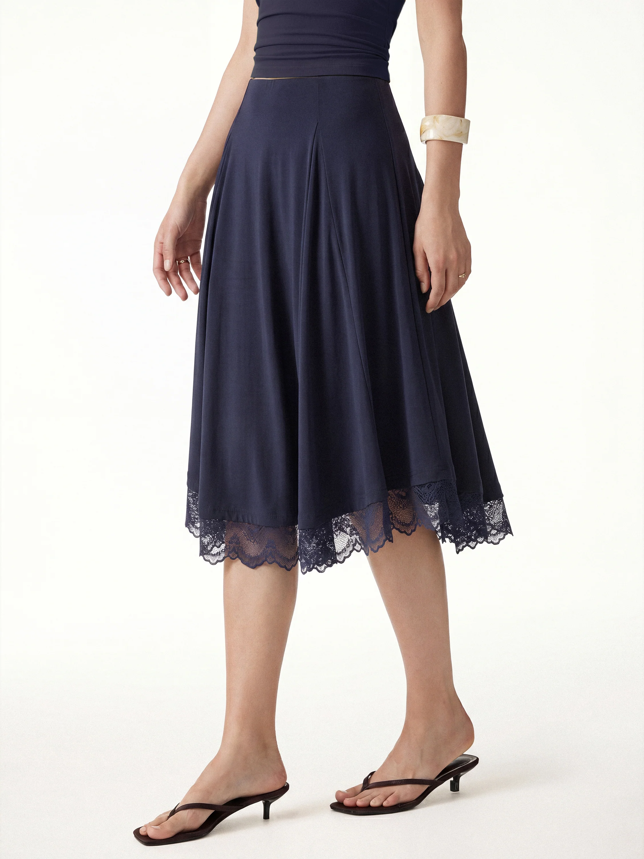 Lace Trim Midi Circle Flare Skirt - Image 14