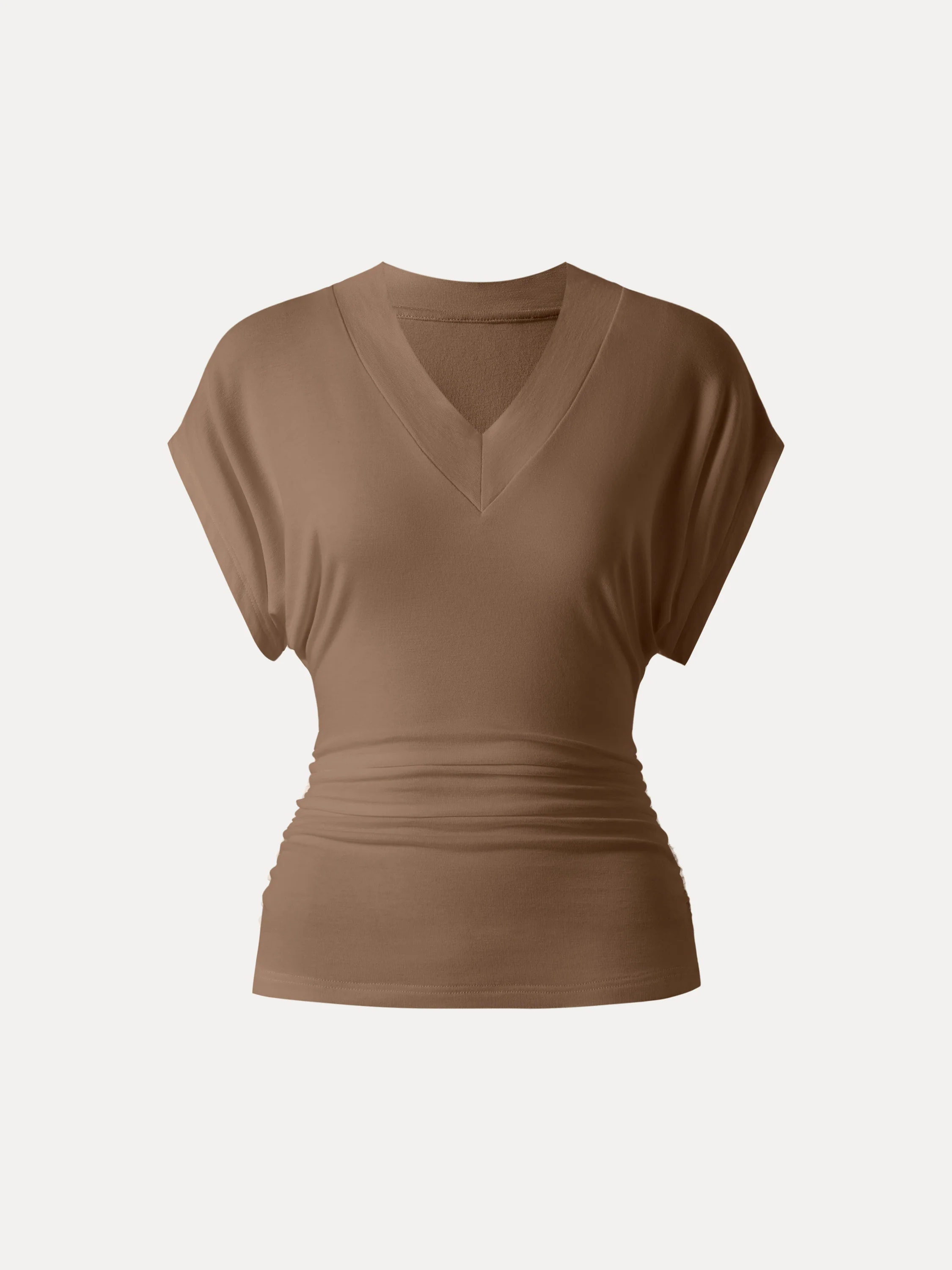 Semi-sheer Lyocell Cashmere Blend V-neck Short Sleeve Side Ruched Tee - Image 16