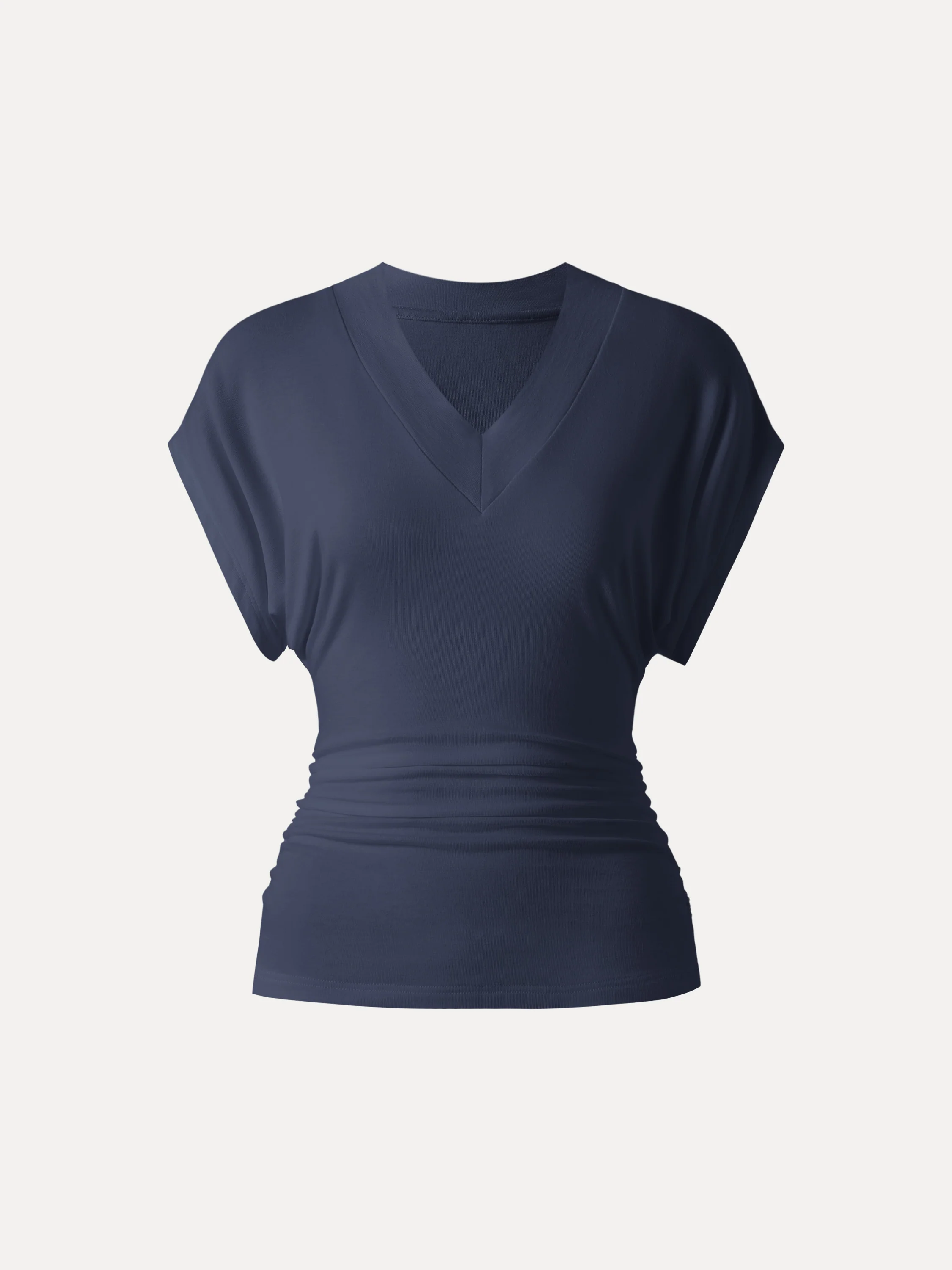 Semi-sheer Lyocell Cashmere Blend V-neck Short Sleeve Side Ruched Tee - Image 17