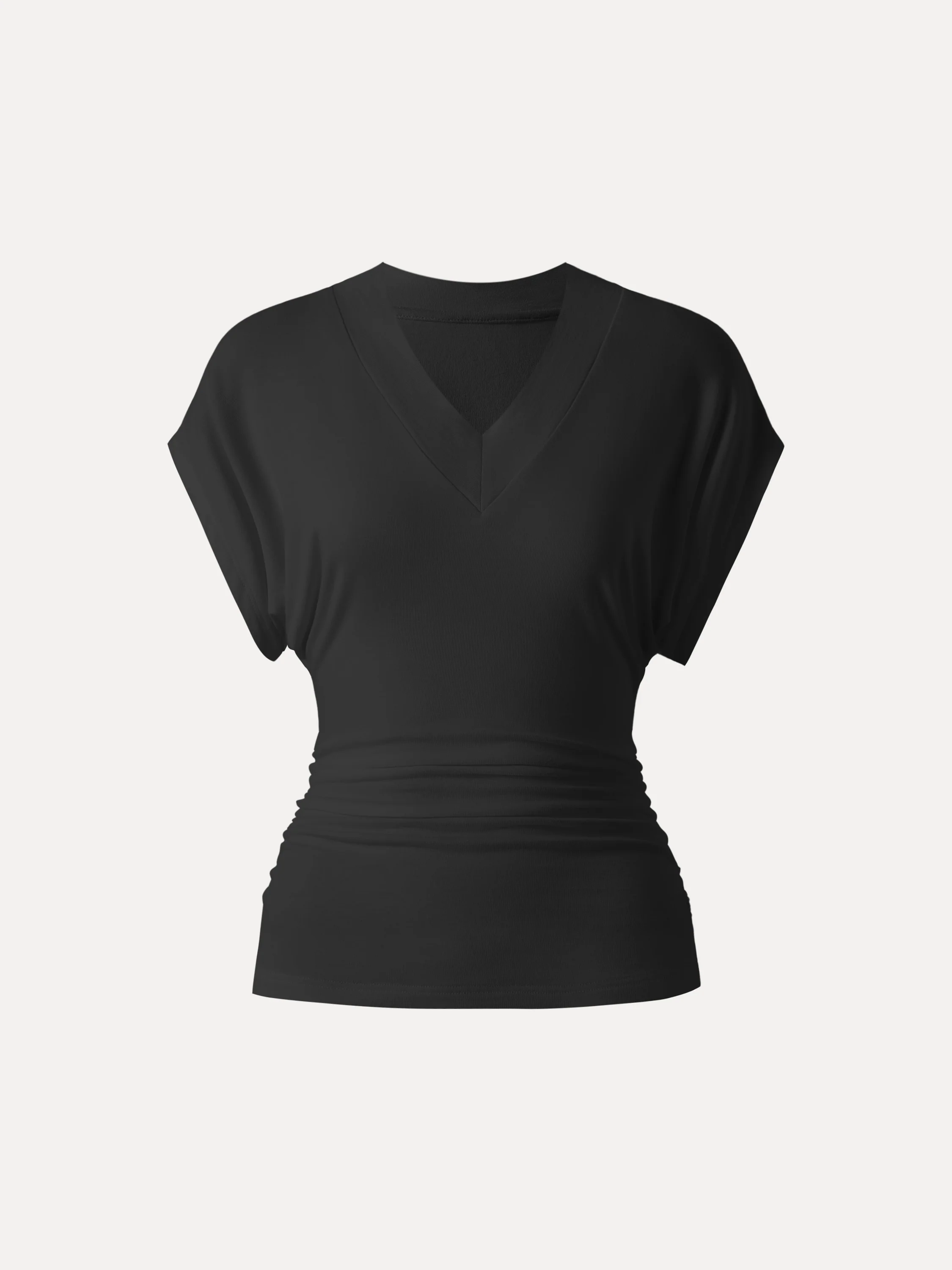 Semi-sheer Lyocell Cashmere Blend V-neck Short Sleeve Side Ruched Tee - Image 18