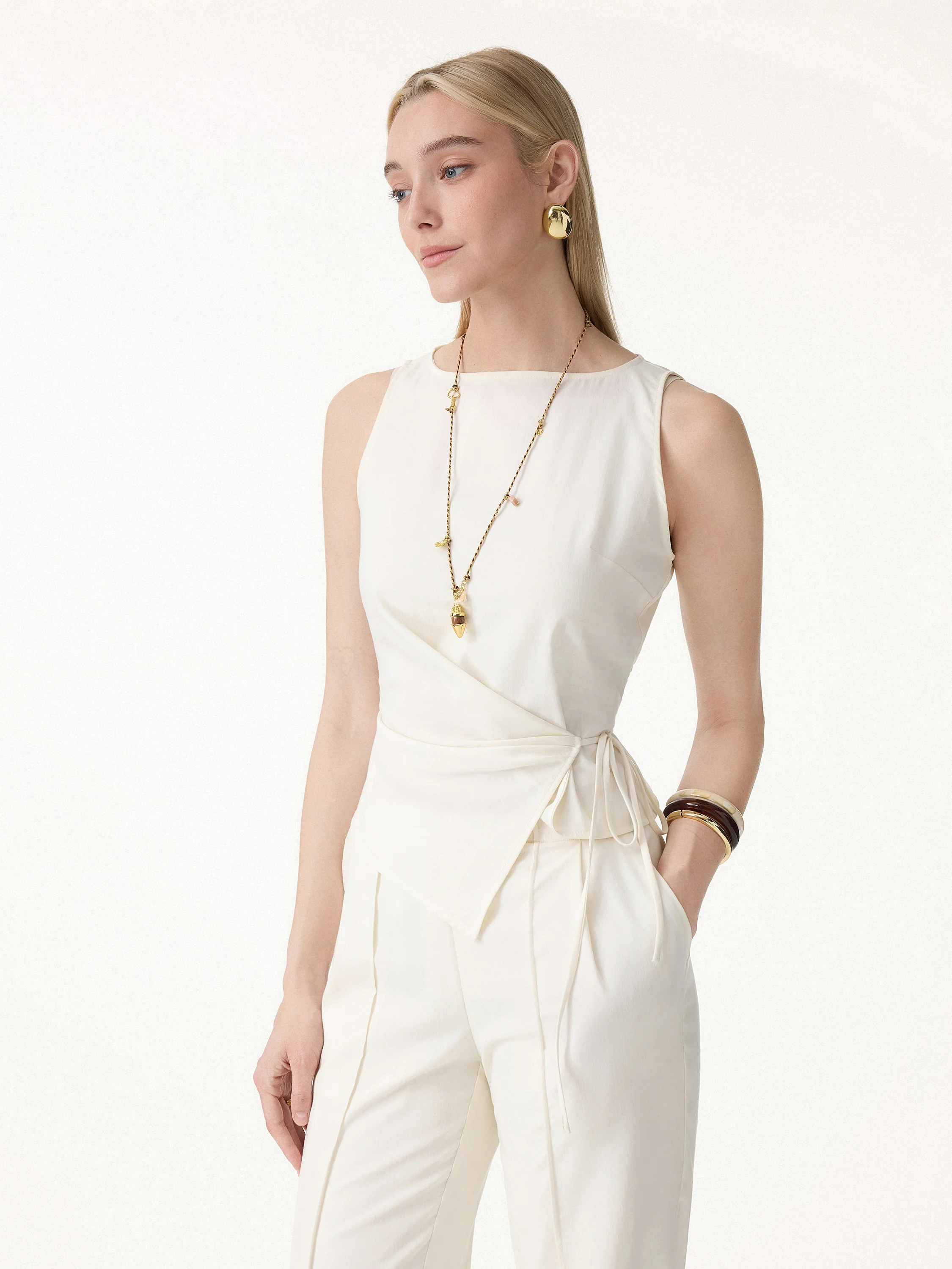 Lyocell-Linen Blend Boatneck Waist-Defined Top - Image 3