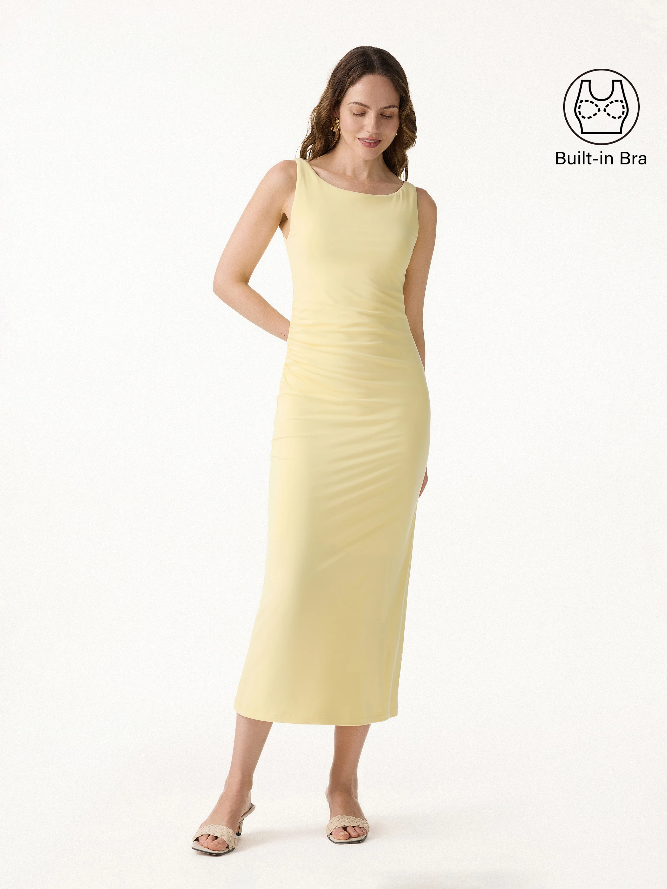 Matte Smooth Boatneck Ruched Midi Bra Dress - Image 5