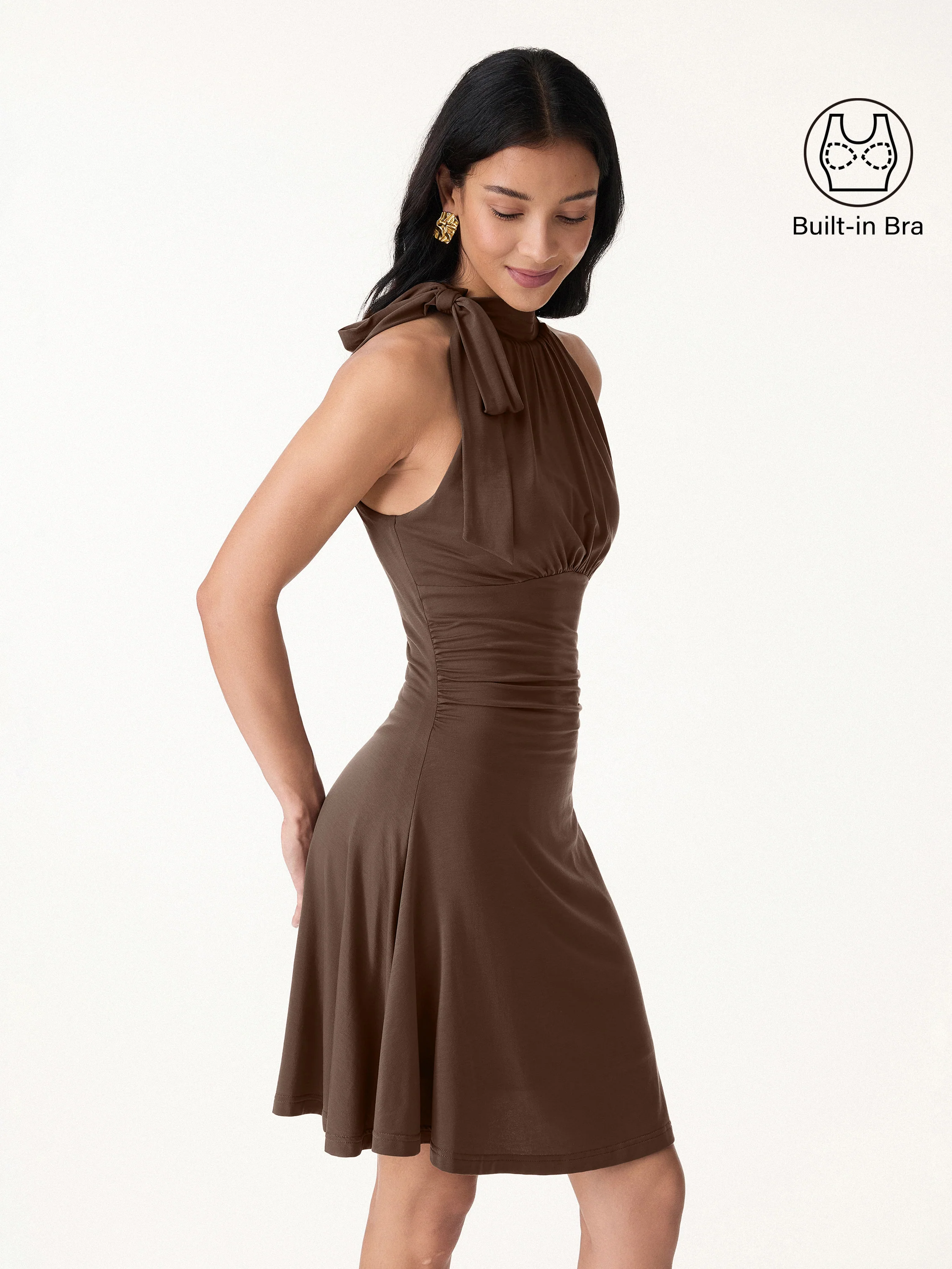 Milky Matte Mockneck Bow Tie Ruched Mini Bra Dress