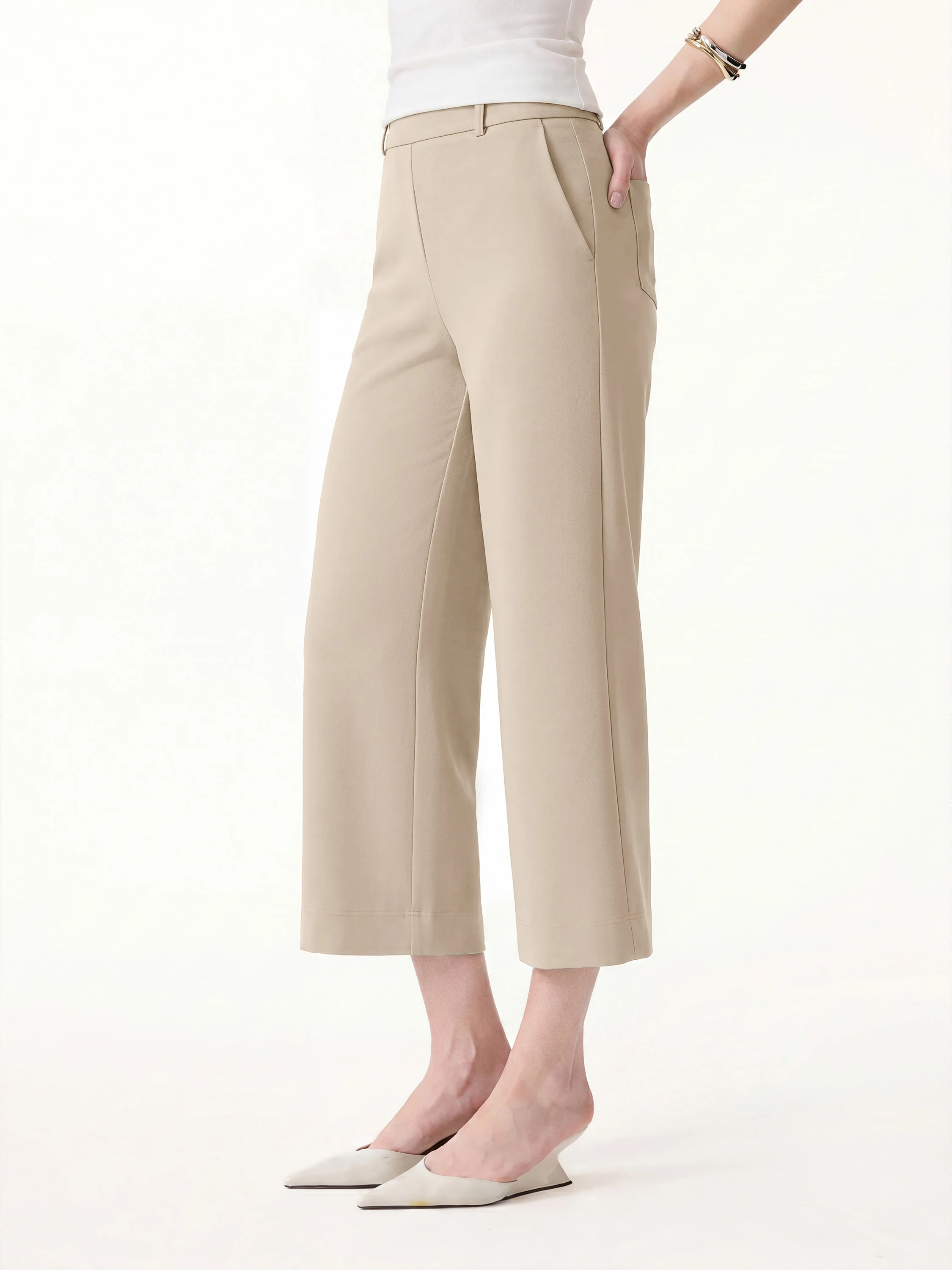 Not-See-Thru Mid Rise Cropped Wide Leg Pants with Pockets - Image 18