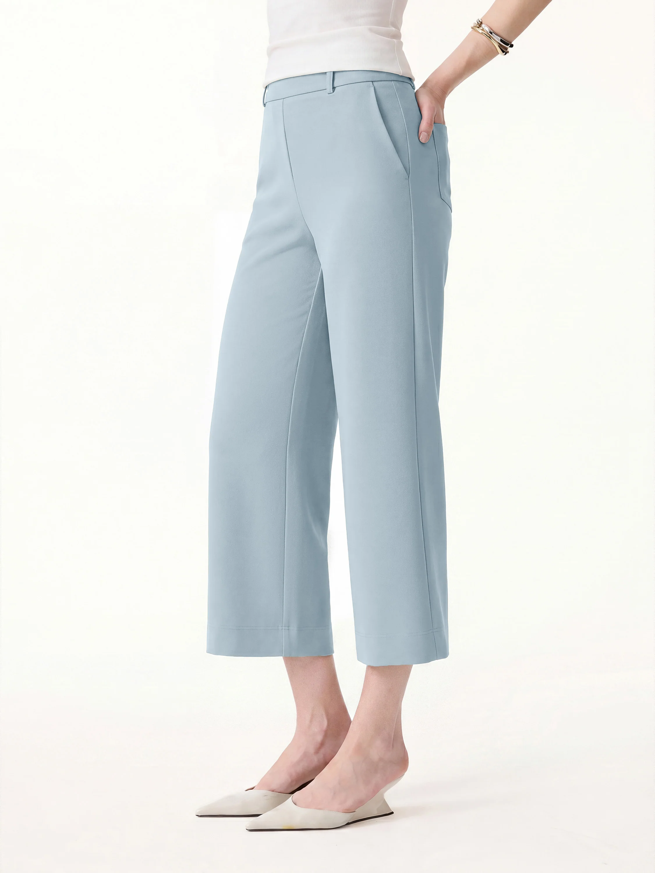 Not-See-Thru Mid Rise Cropped Wide Leg Pants with Pockets - Image 20