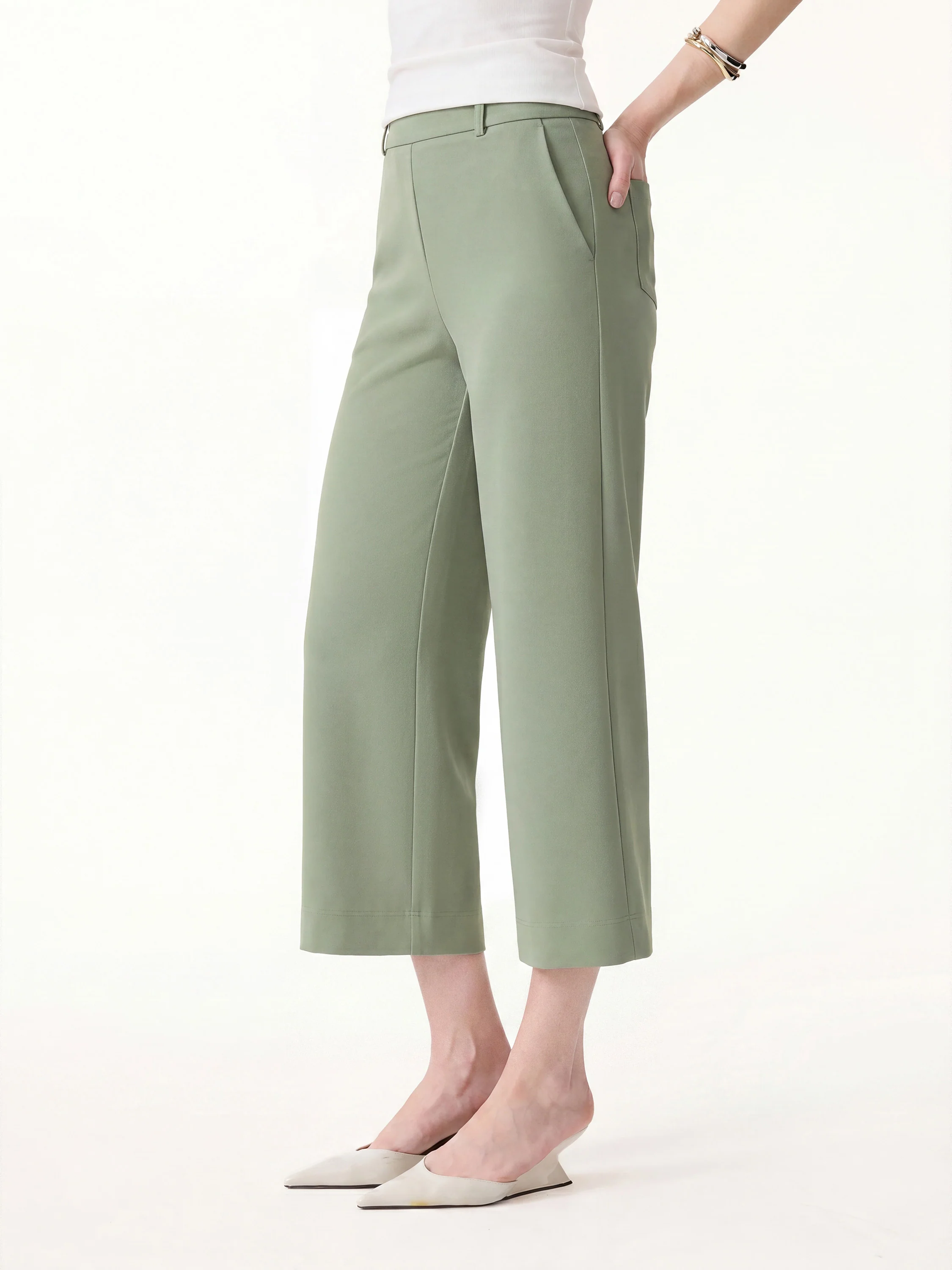 Not-See-Thru Mid Rise Cropped Wide Leg Pants with Pockets - Image 22