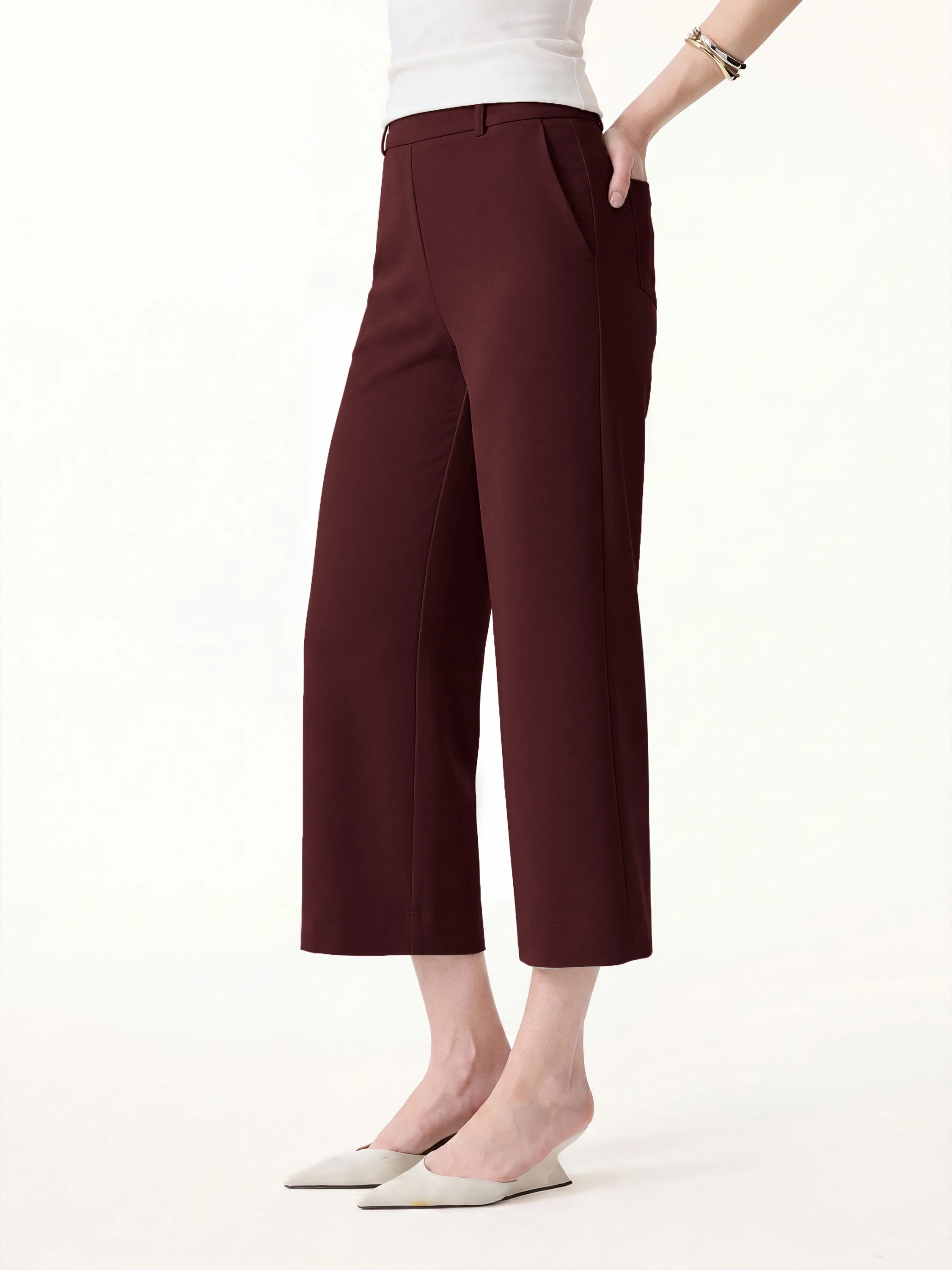 Not-See-Thru Mid Rise Cropped Wide Leg Pants with Pockets - Image 25