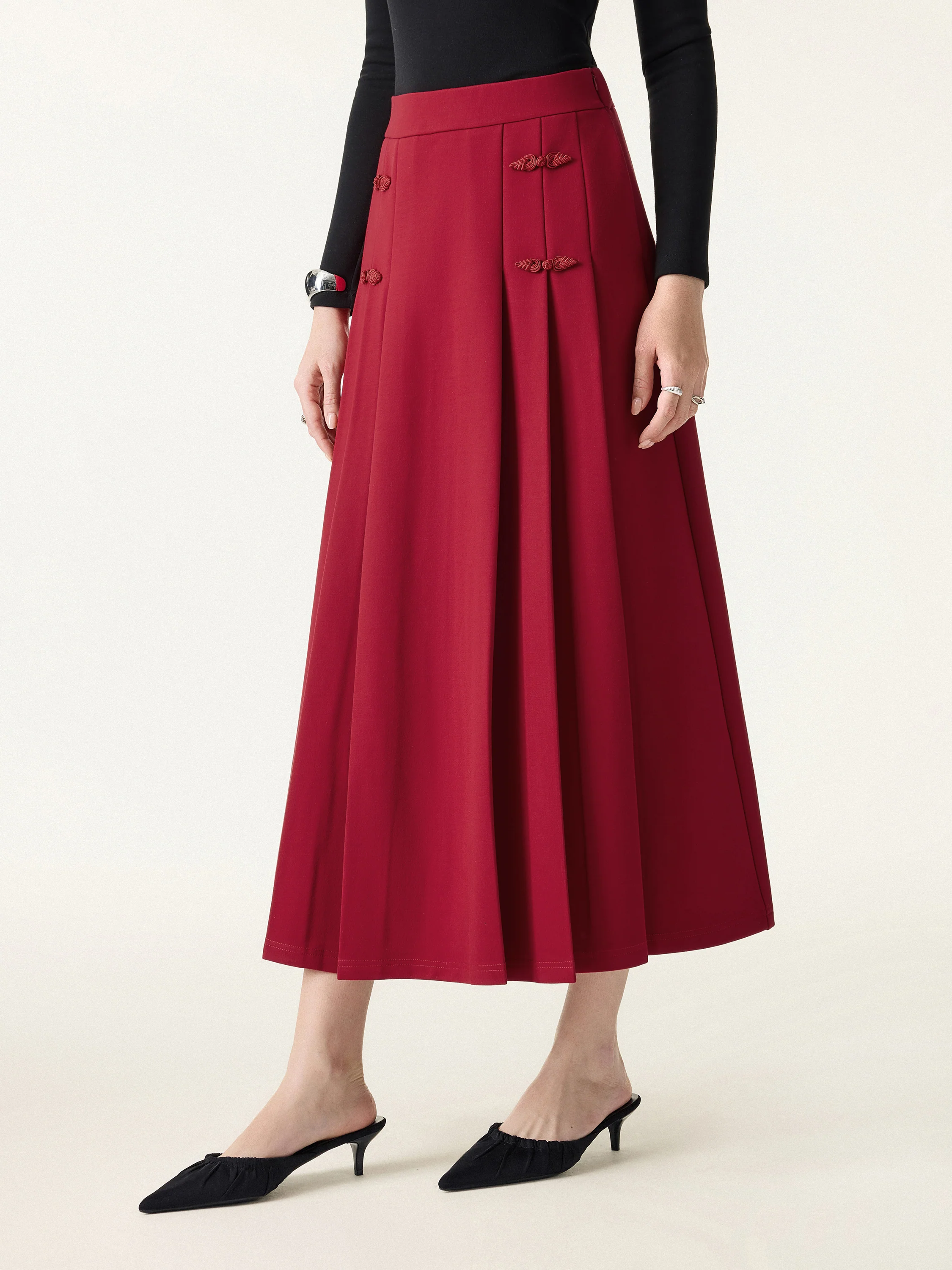 Pleated Frog Button Decor Midi A-line Skirt Limited Edition - Image 10