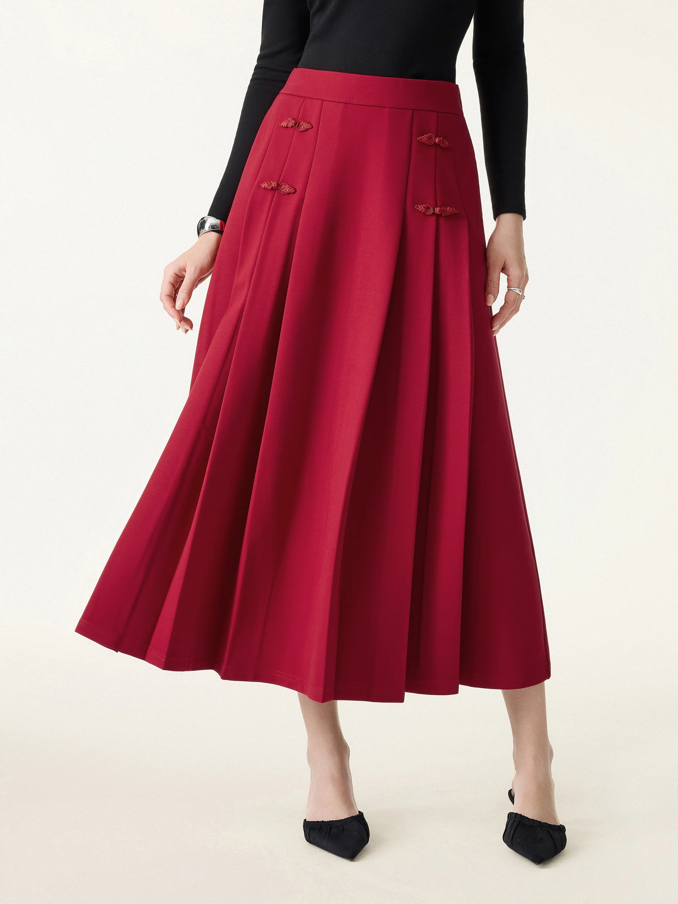 Pleated Frog Button Decor Midi A-line Skirt Limited Edition - Image 5