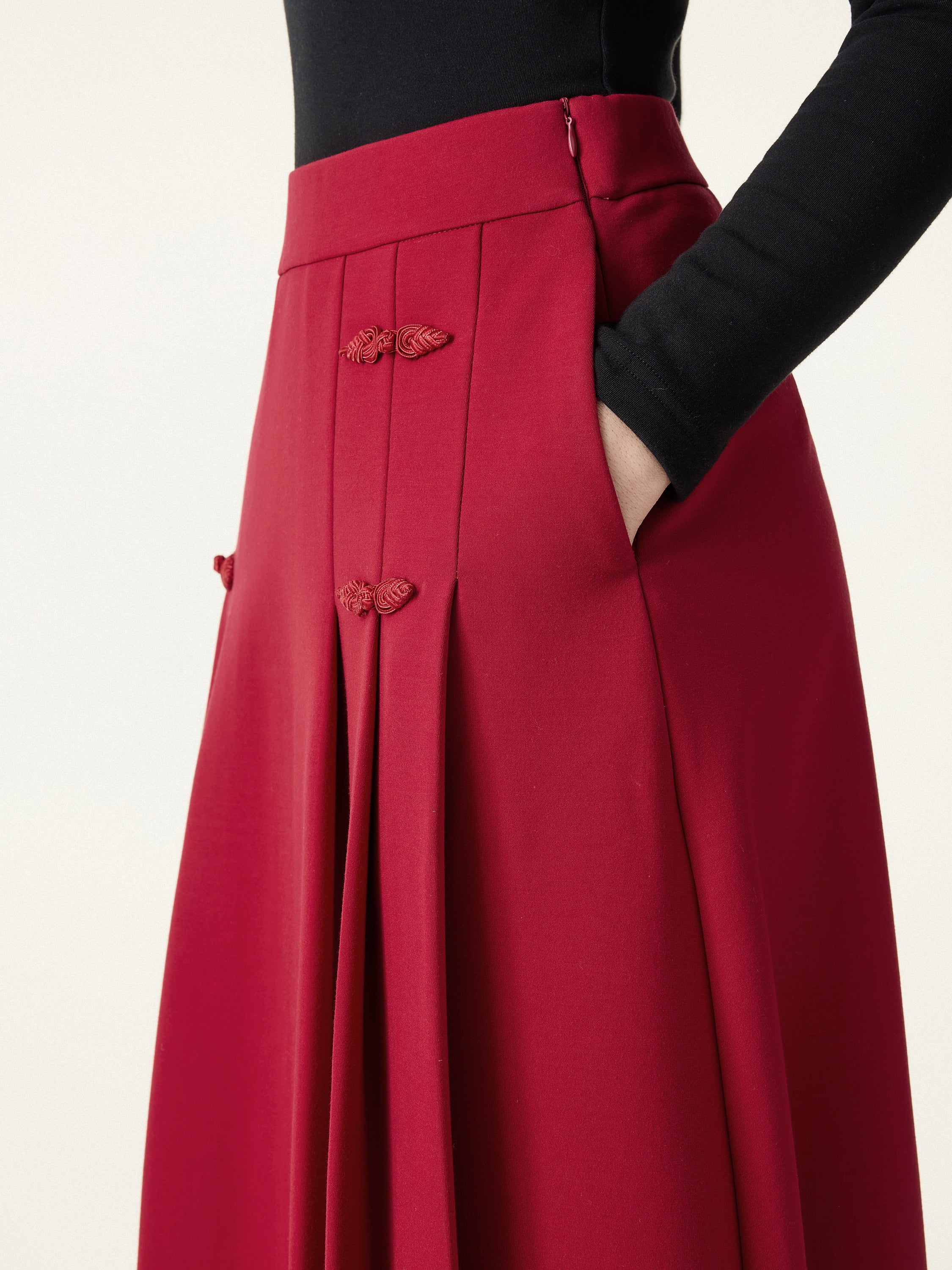 Pleated Frog Button Decor Midi A-line Skirt Limited Edition - Image 7