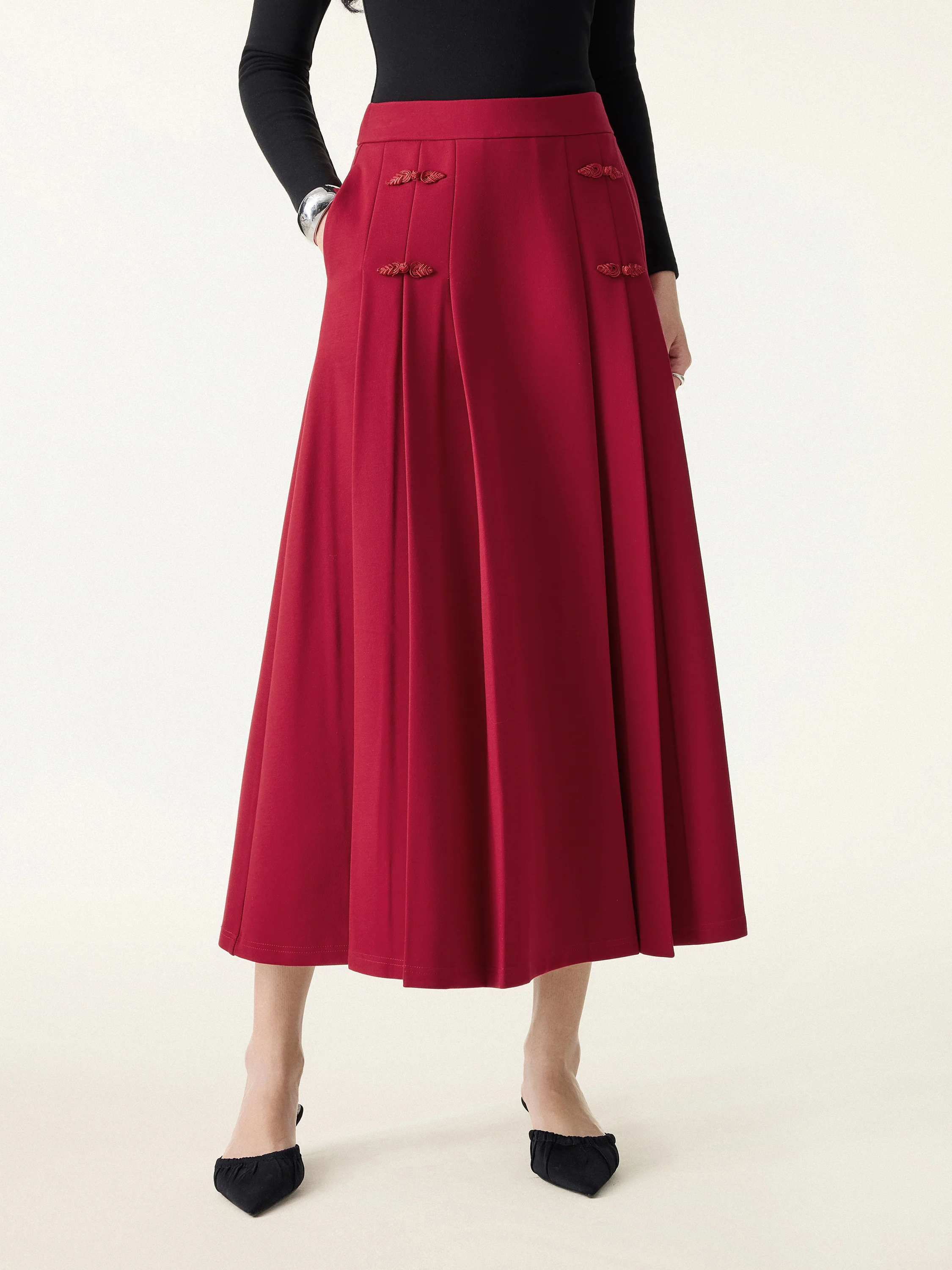 Pleated Frog Button Decor Midi A-line Skirt Limited Edition - Image 9
