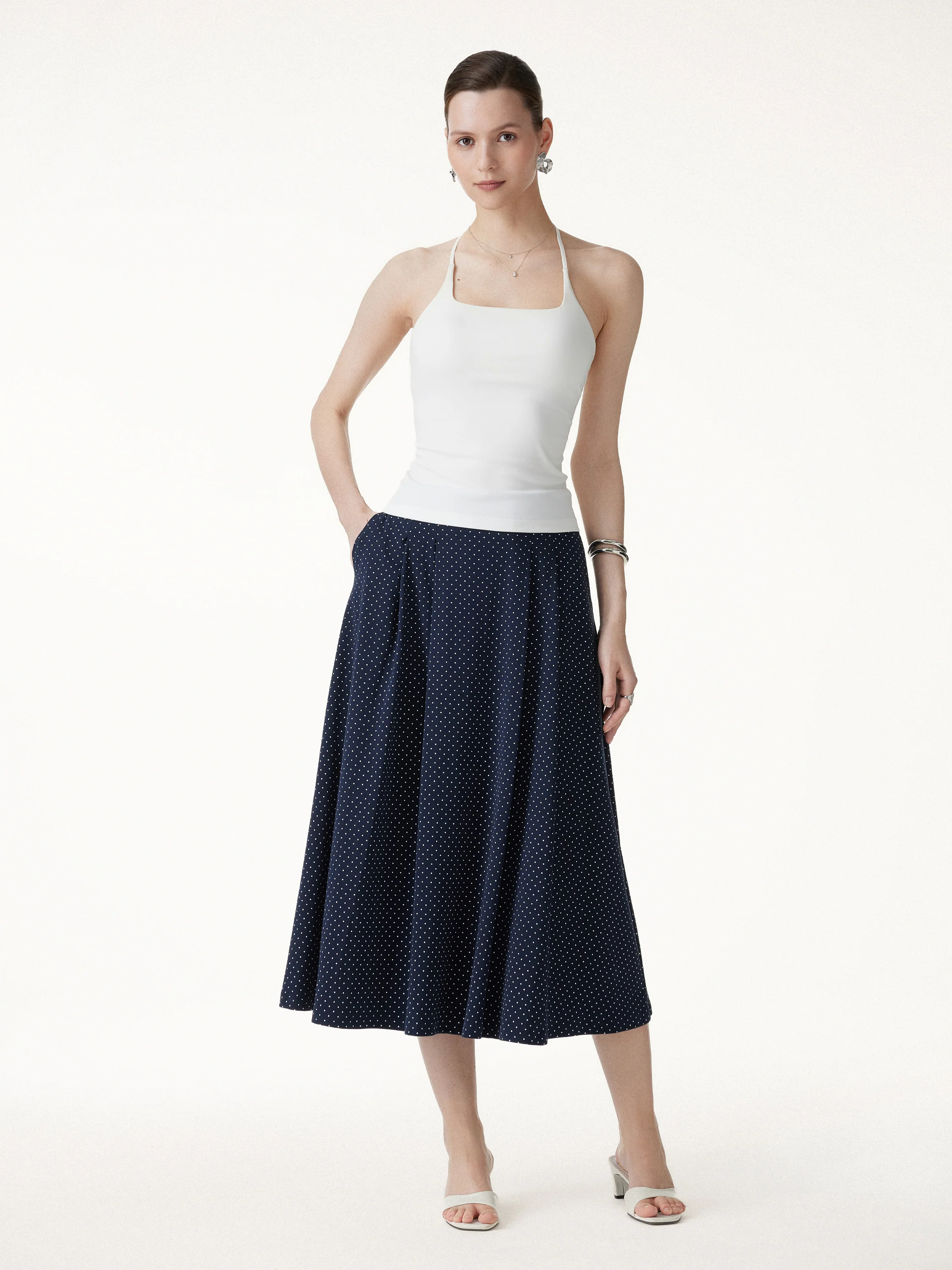 Polka Dots Flared Midi Skirt with Pockets - Image 4