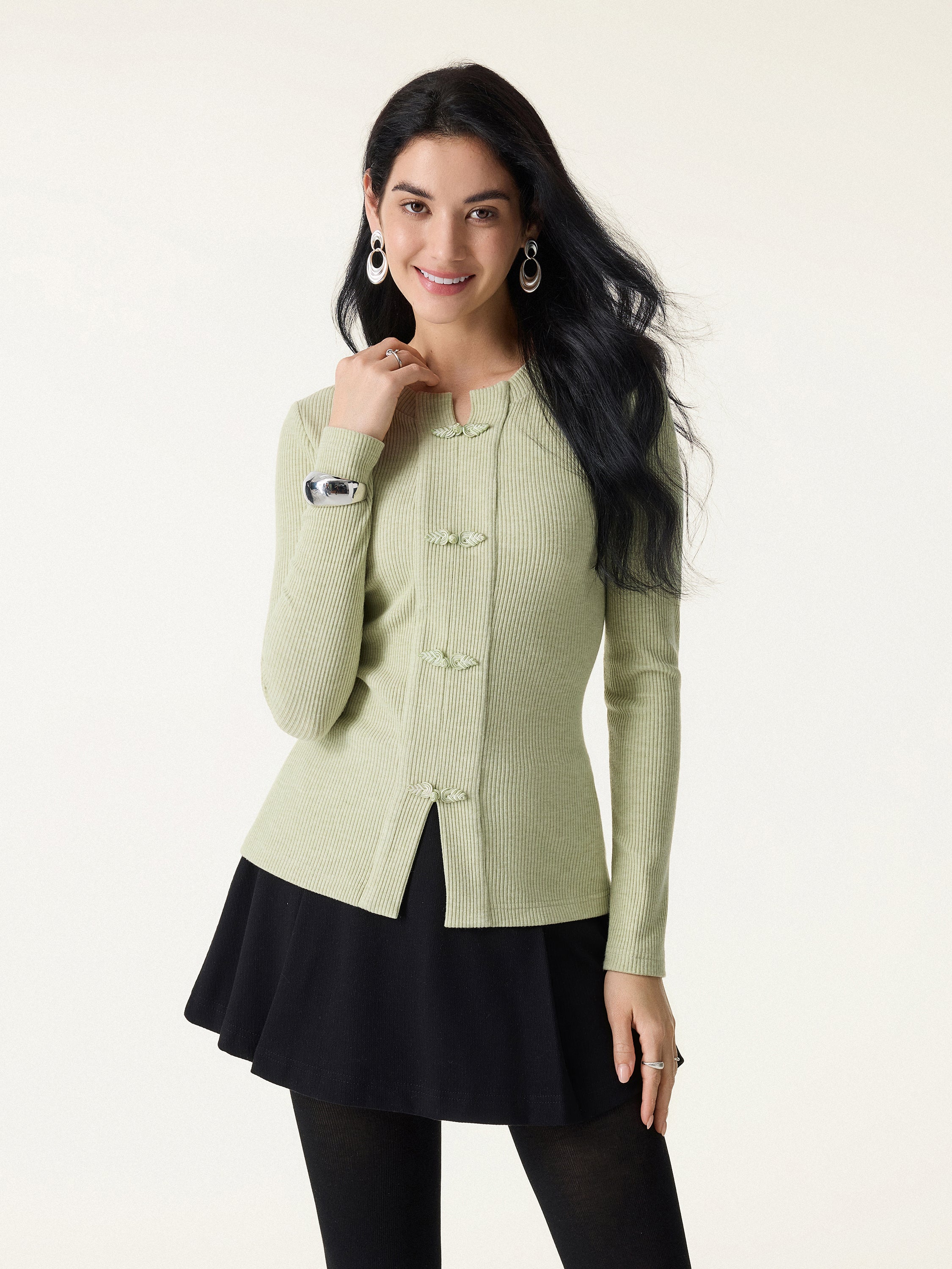 Ribbed Frog Button Round Neck Long Sleeve Top Limited Edition - Image 3