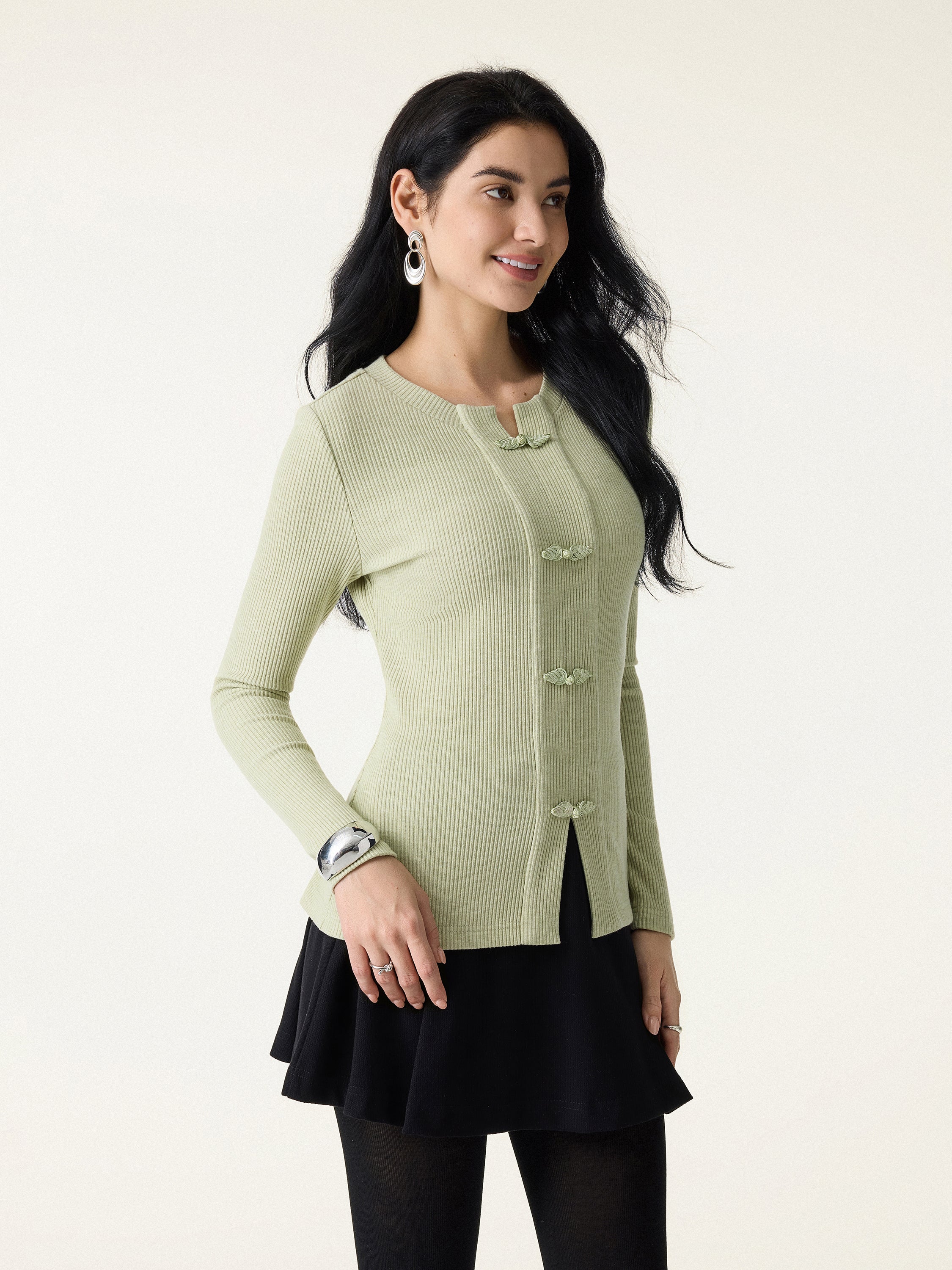 Ribbed Frog Button Round Neck Long Sleeve Top Limited Edition - Image 5