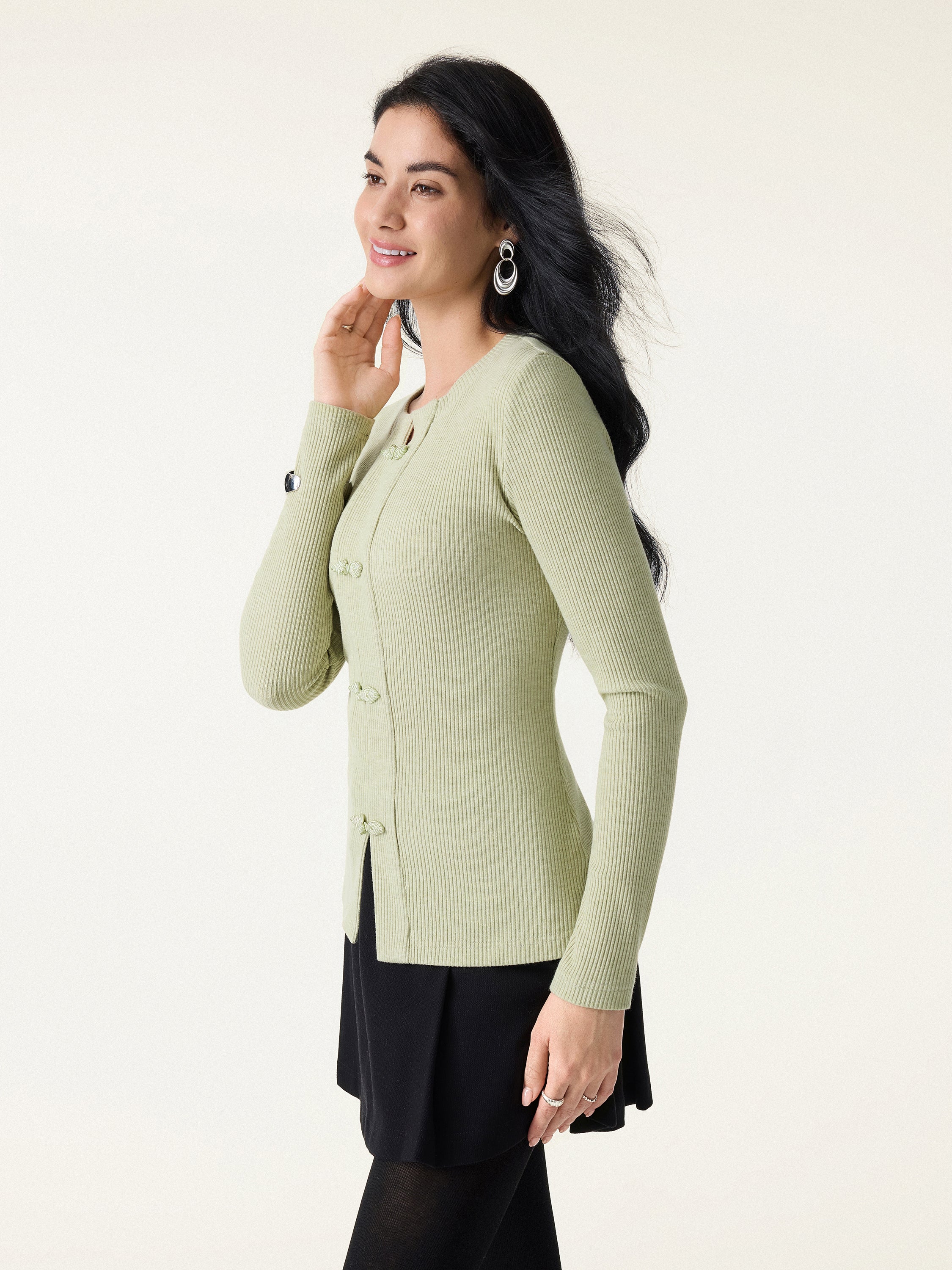 Ribbed Frog Button Round Neck Long Sleeve Top Limited Edition - Image 6
