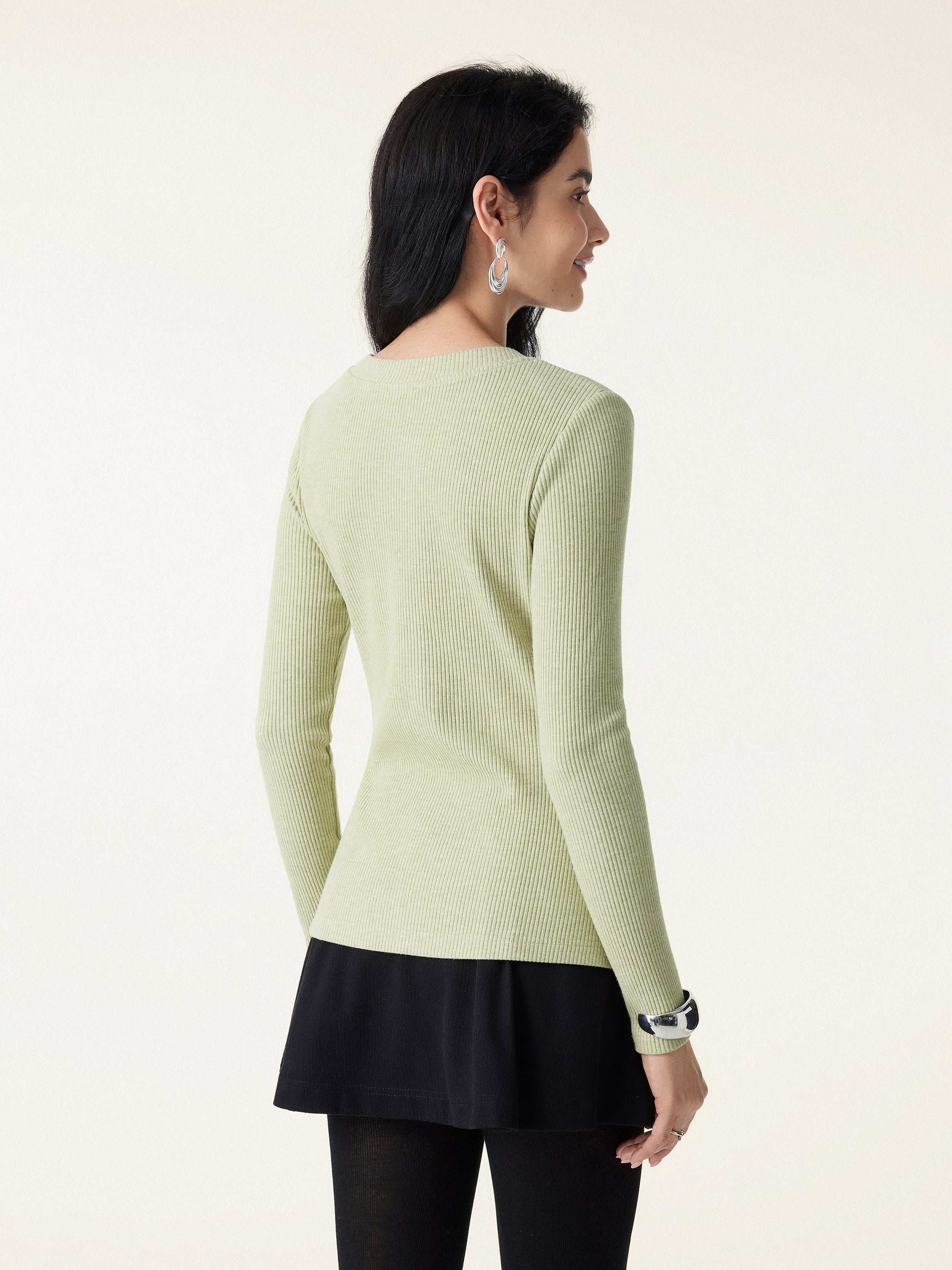 Ribbed Frog Button Round Neck Long Sleeve Top Limited Edition - Image 7