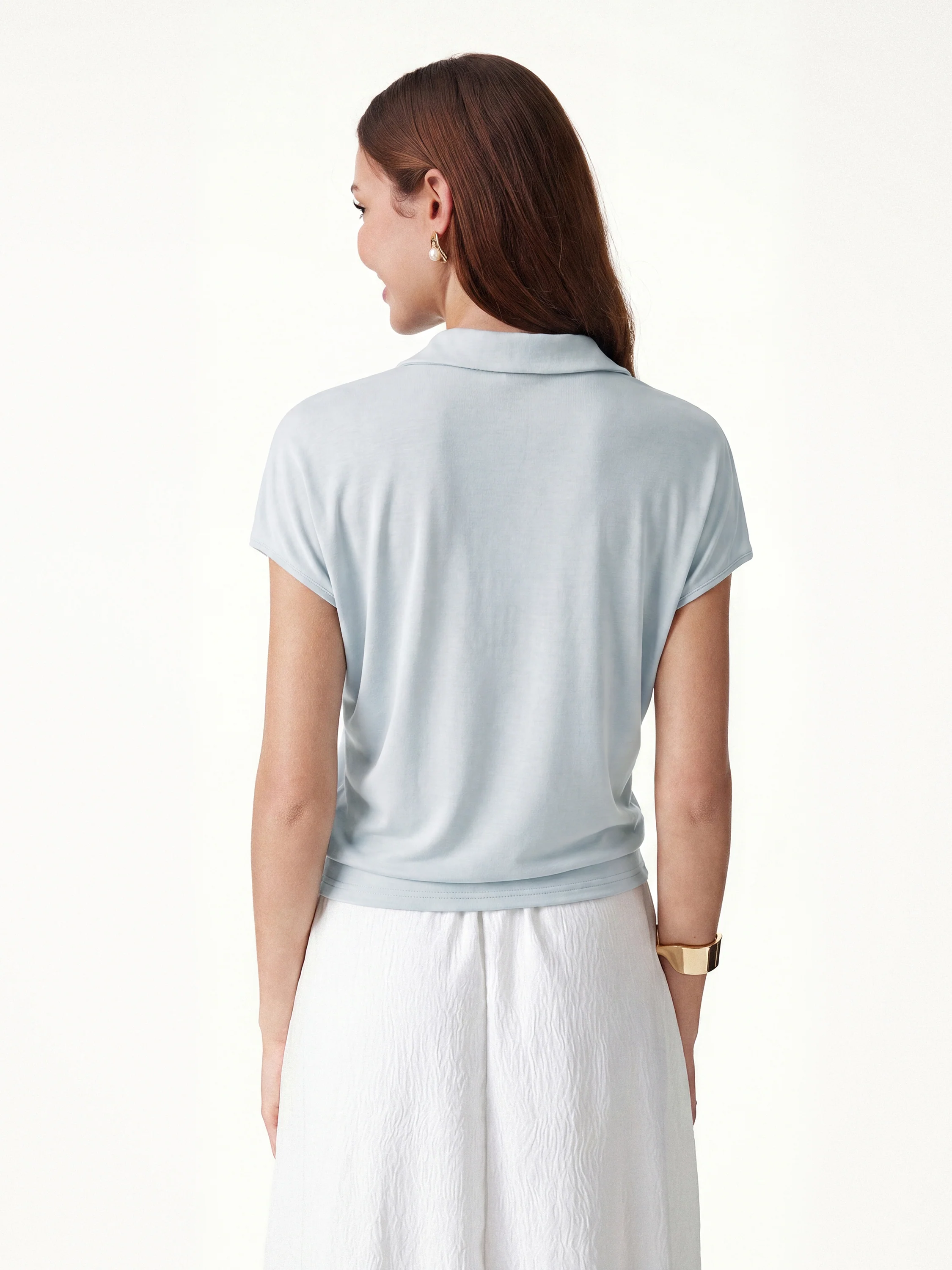 Sandwashed Modal Polo Neck Cap Sleeve Top - Image 8