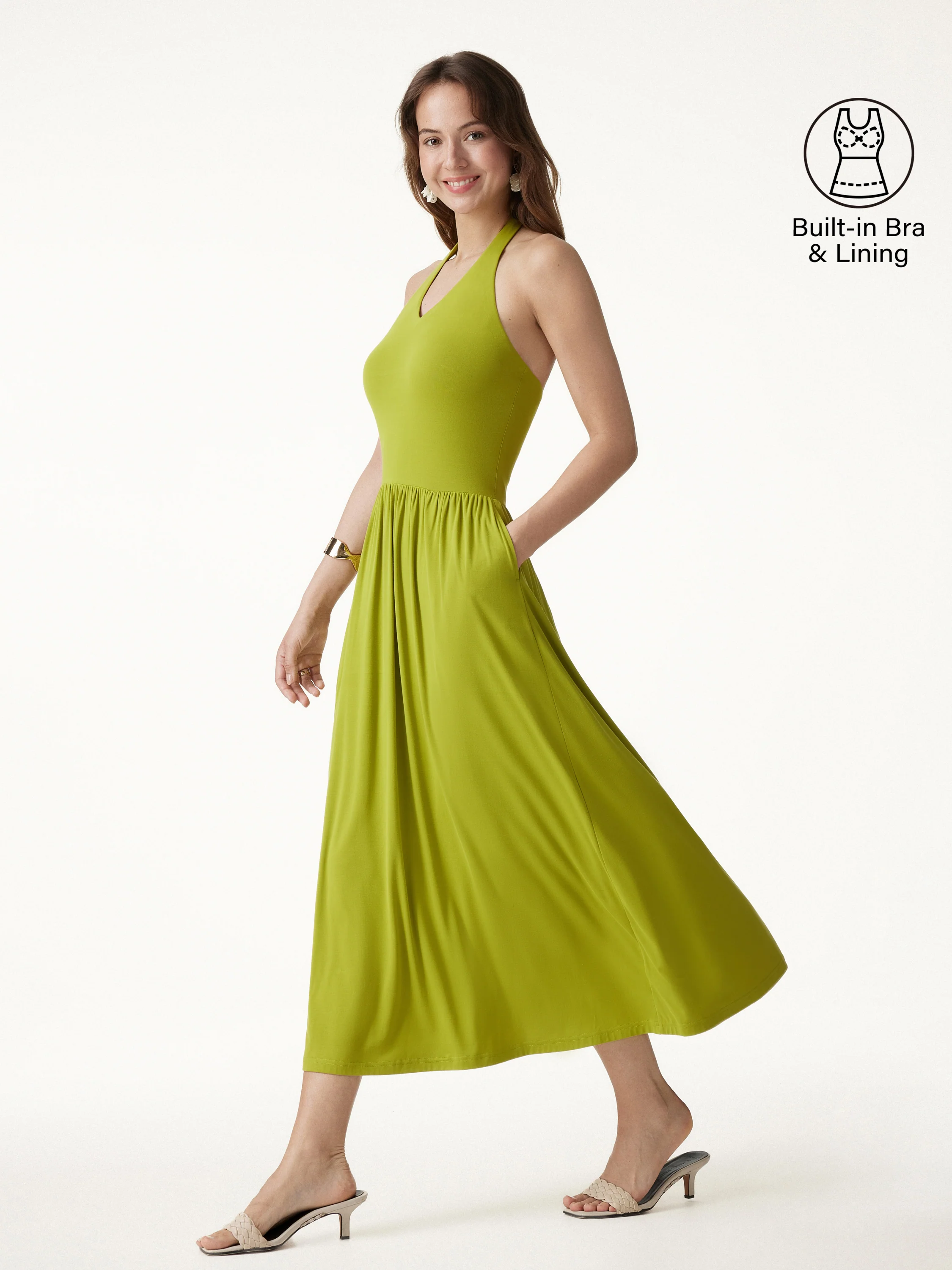 SkinKiss Halter Ruched Midi Bra Dress with Pockets - Image 2