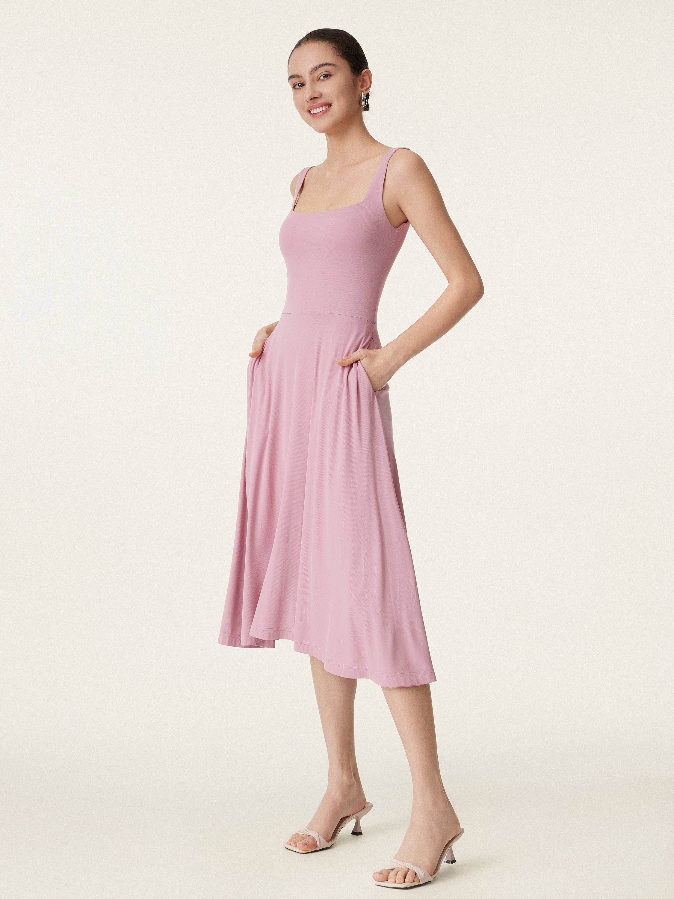 Square Neck Flowy New Airy Bra Midi Dress - Image 8