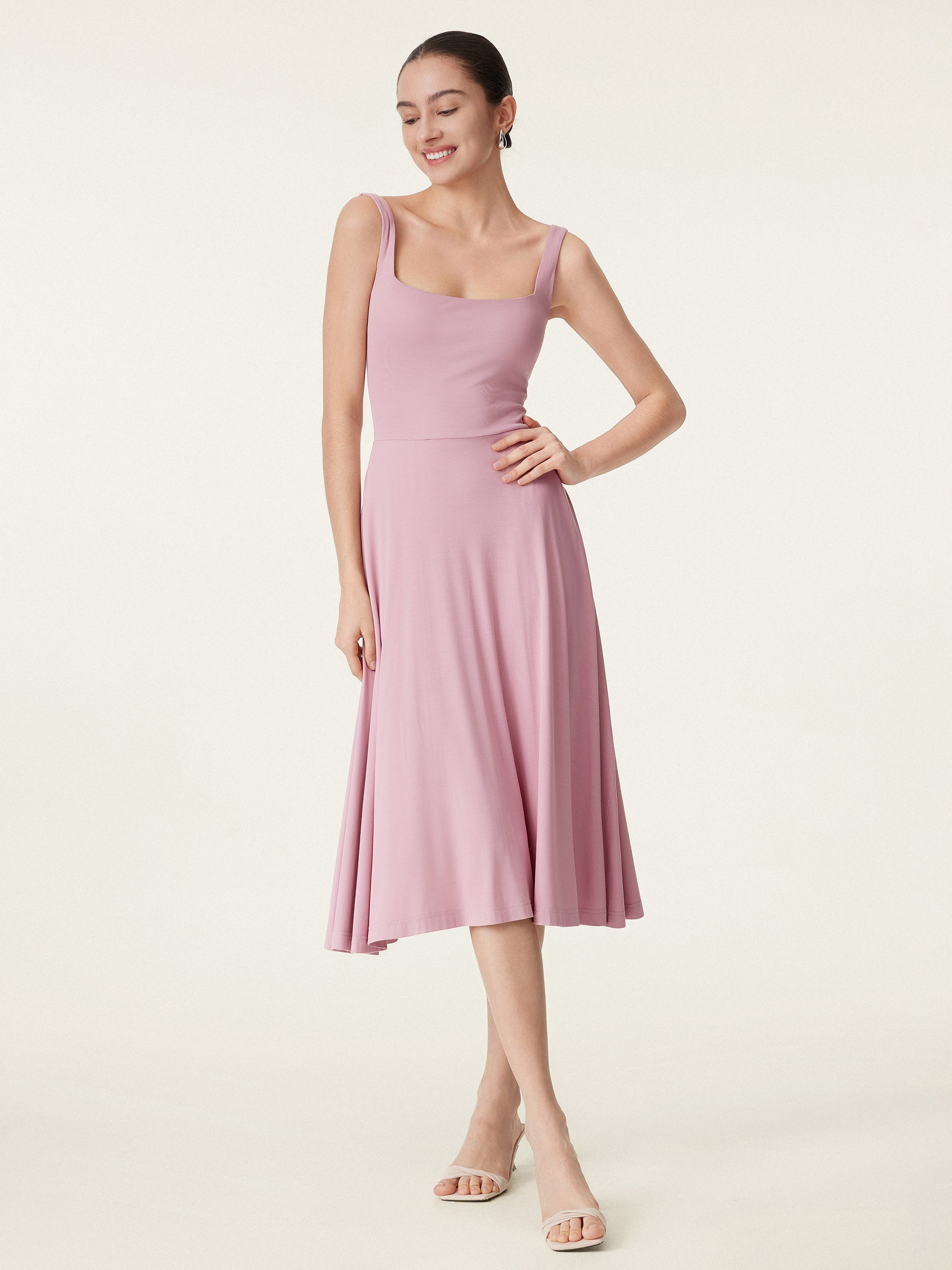 Square Neck Flowy New Airy Bra Midi Dress - Image 9