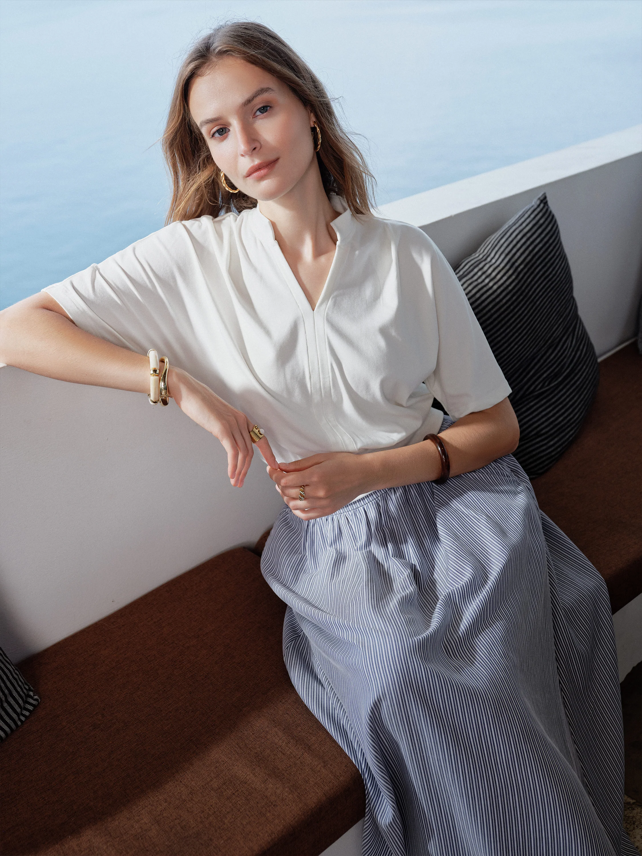 Stand Collar V-Neck Short Sleeve Top - Image 2