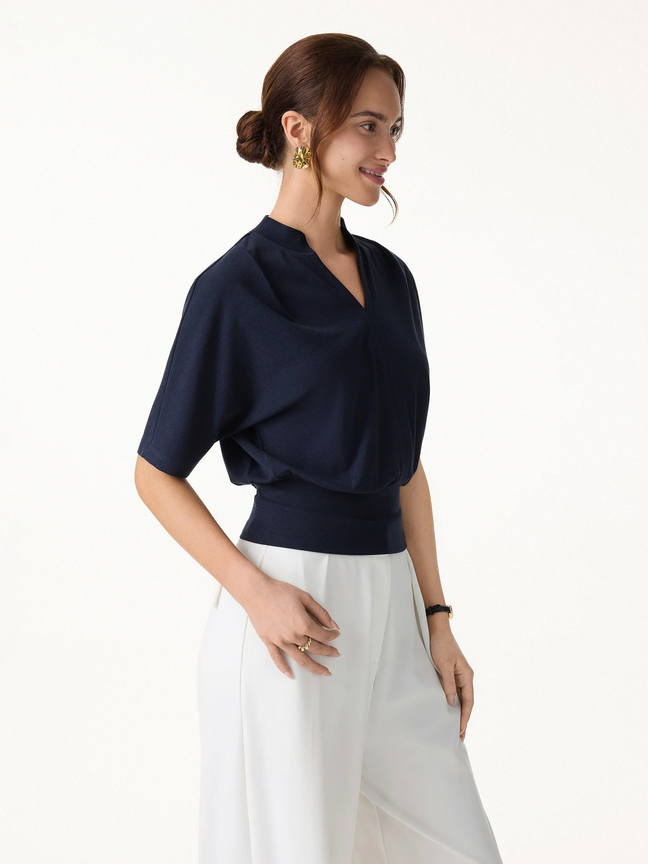 Stand Collar V-Neck Short Sleeve Top - Image 6