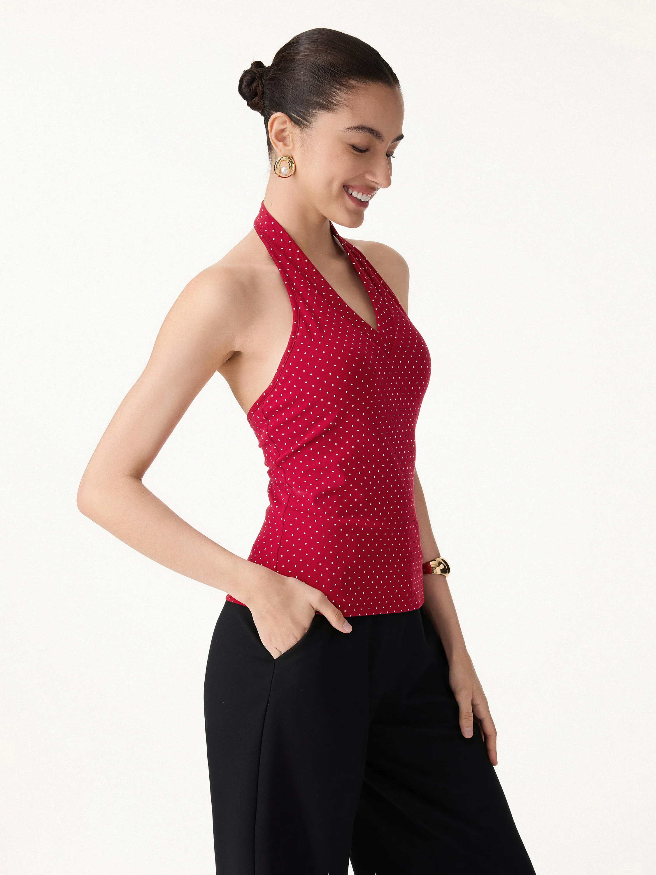 Stretch Cotton Polka Dot Halter Neck Open Back Bra Top - Image 10