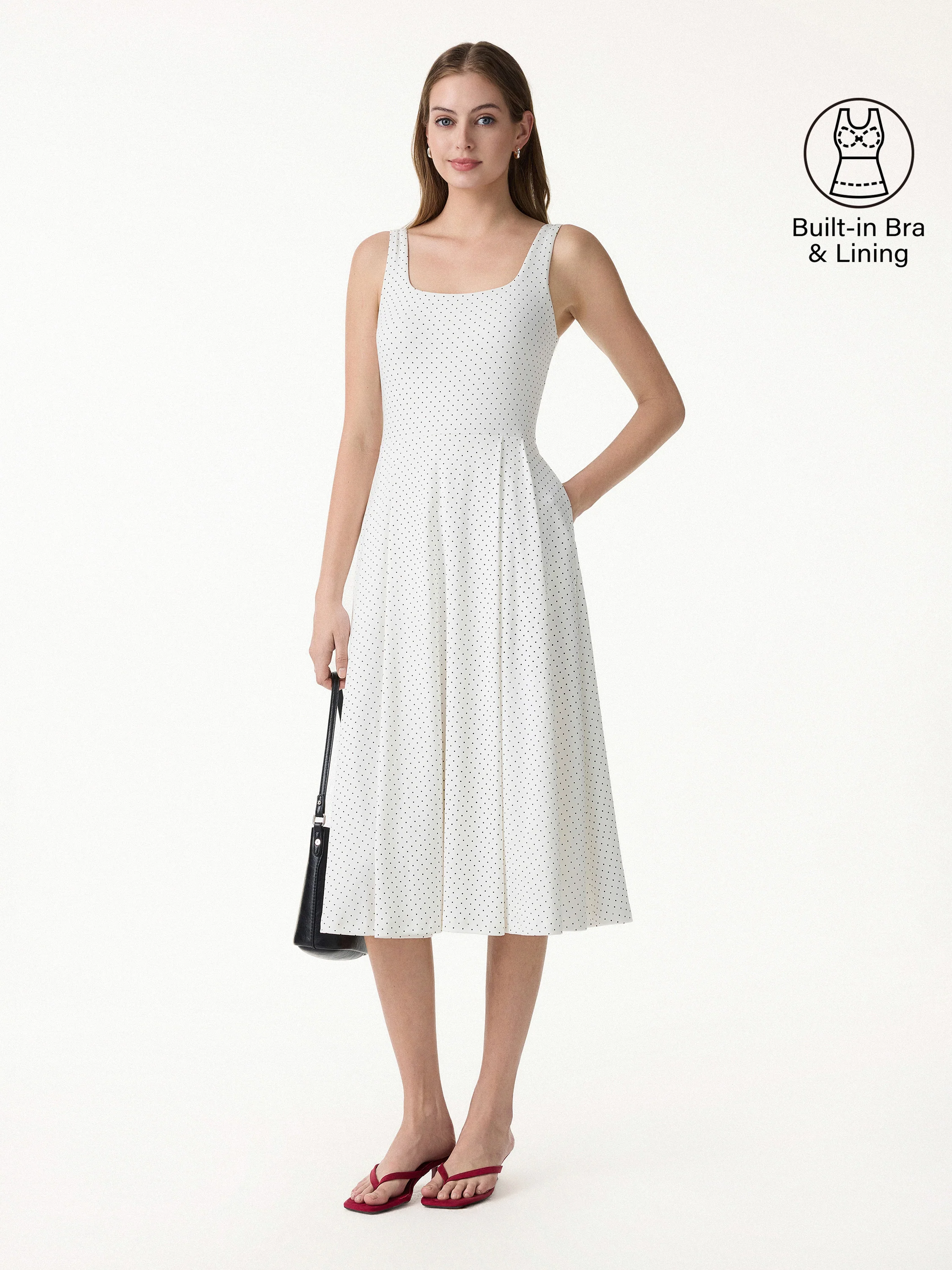 Stretch Cotton Polka Dot Square Neck Midi Bra Dress with Pockets Limited Edition - Image 3