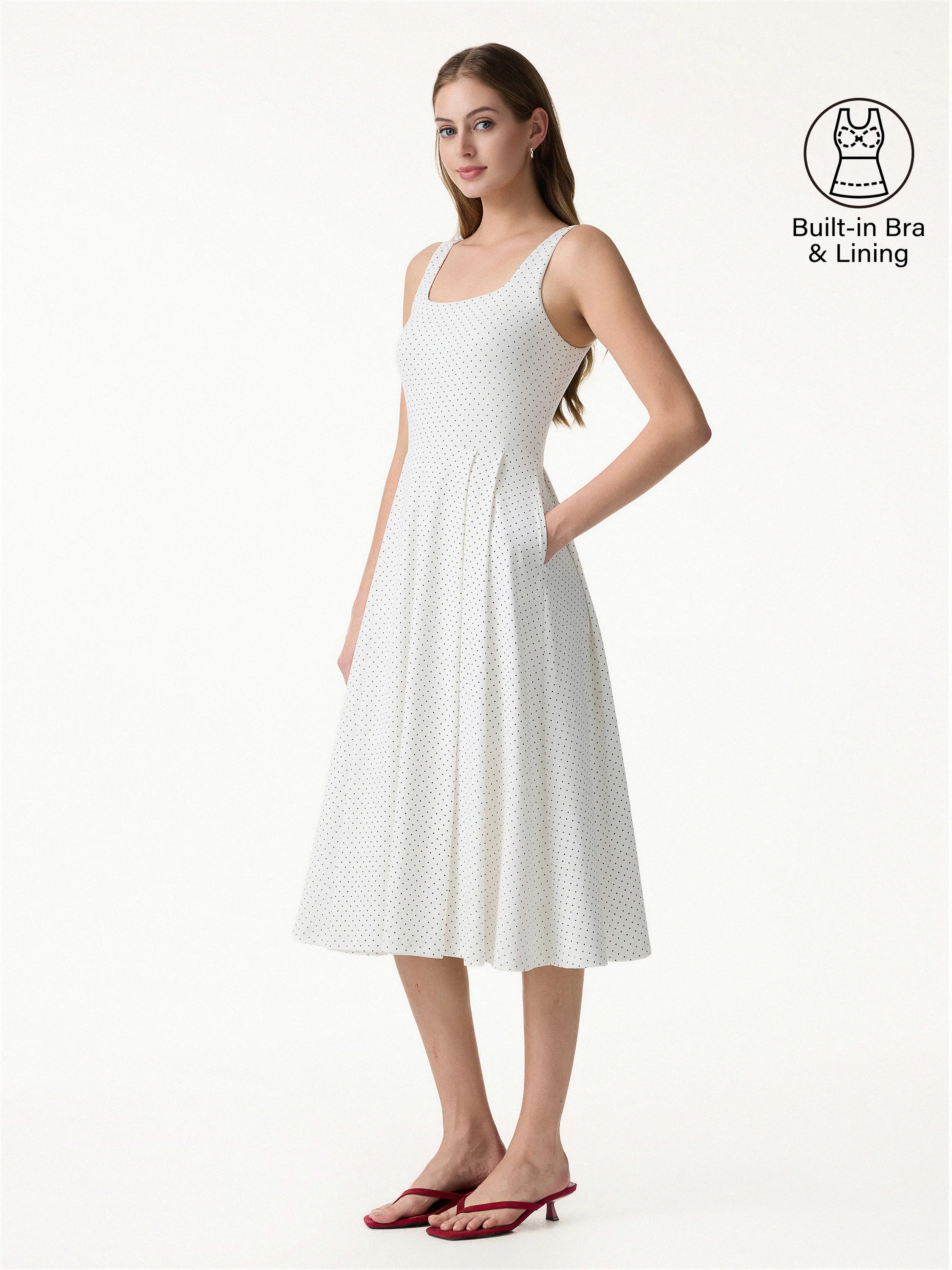 Stretch Cotton Polka Dot Square Neck Midi Bra Dress with Pockets Limited Edition - Image 4