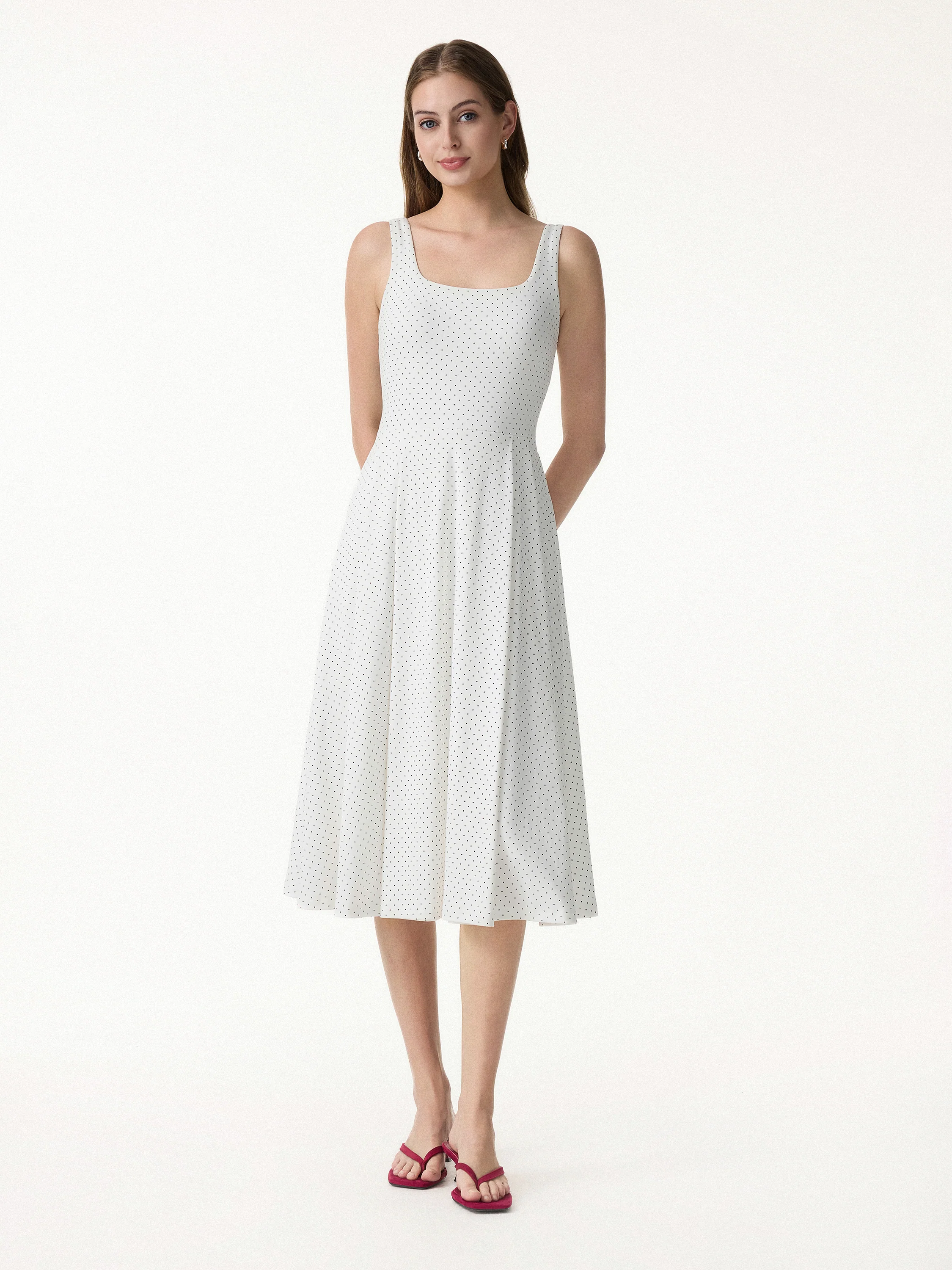 Stretch Cotton Polka Dot Square Neck Midi Bra Dress with Pockets Limited Edition - Image 8