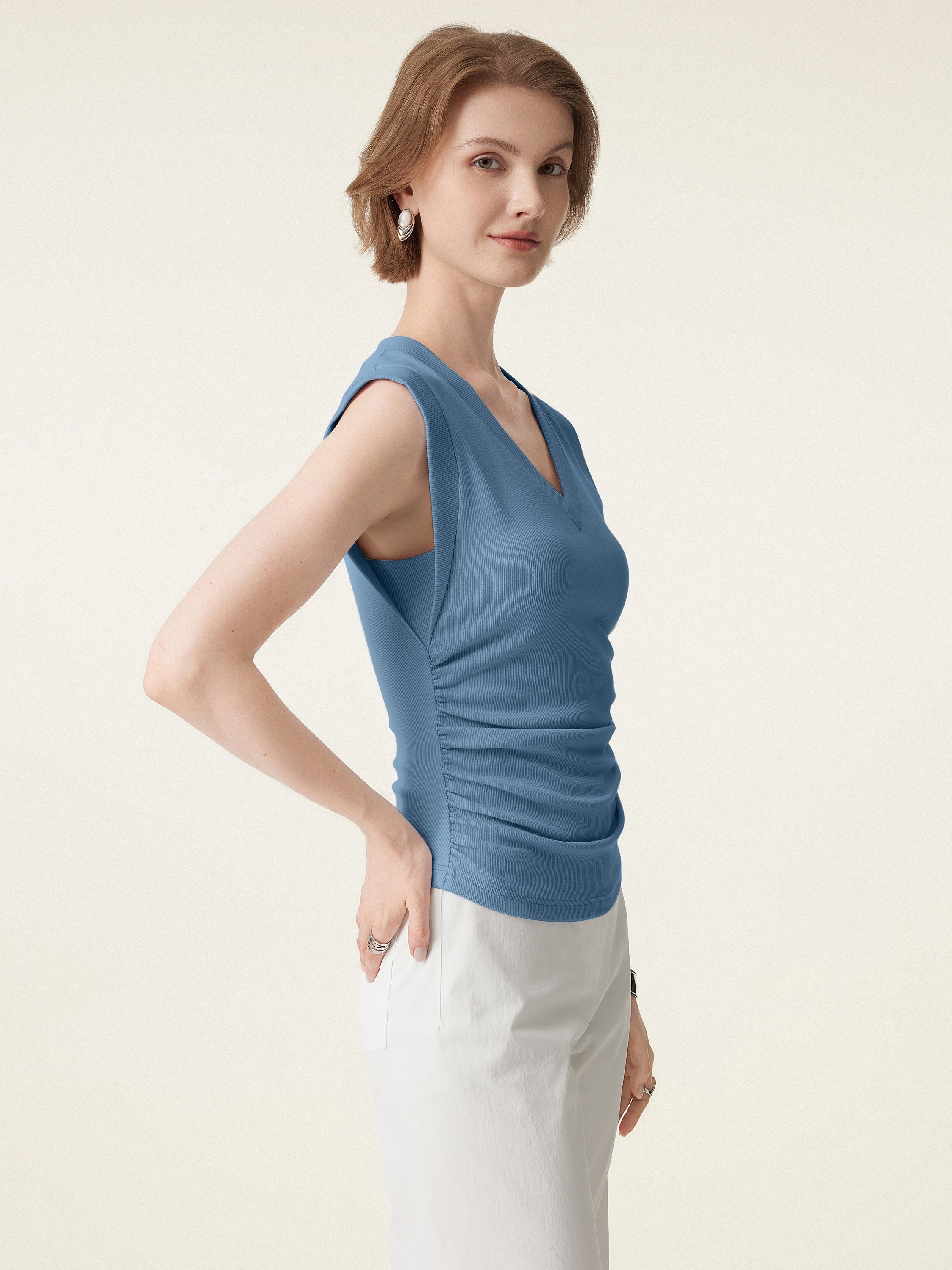 Stretch Cotton V-neck Side Ruched Muscle Bra Top - Image 7