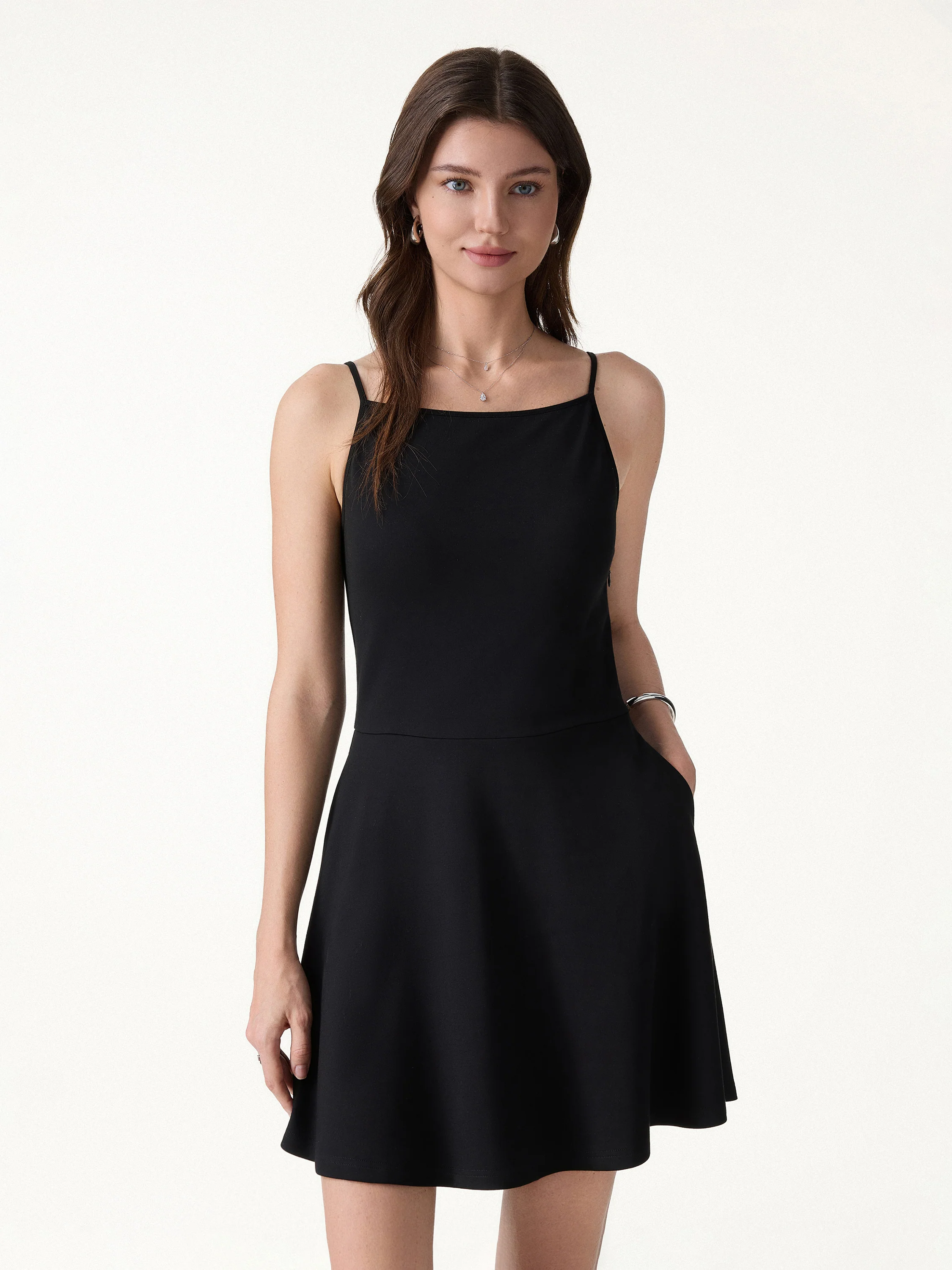 Stretch Ponte Square Neck Mini A-Line Bra Dress with Pockets - Image 6