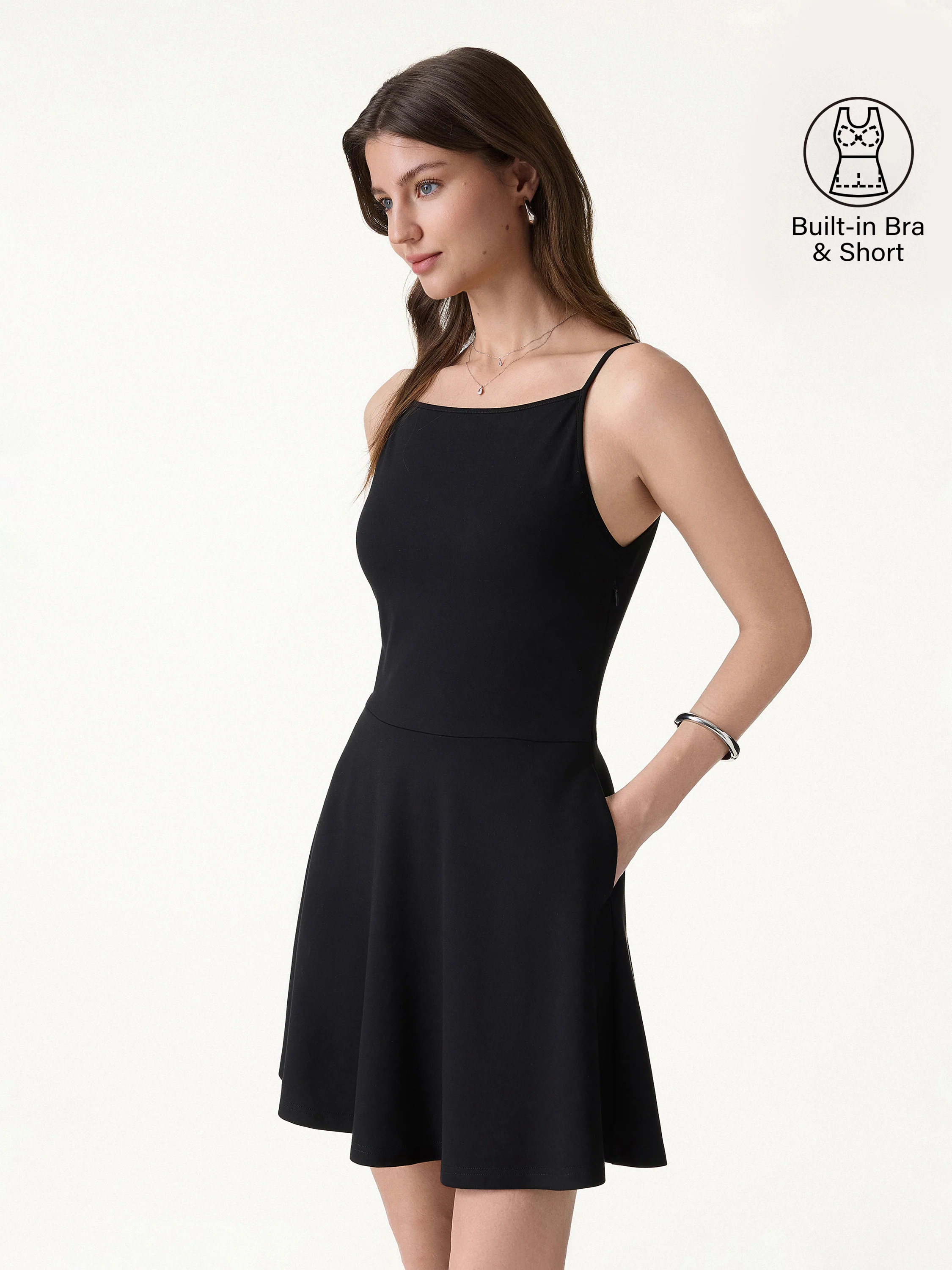 Stretch Ponte Square Neck Mini A-Line Bra Dress with Pockets - Image 8