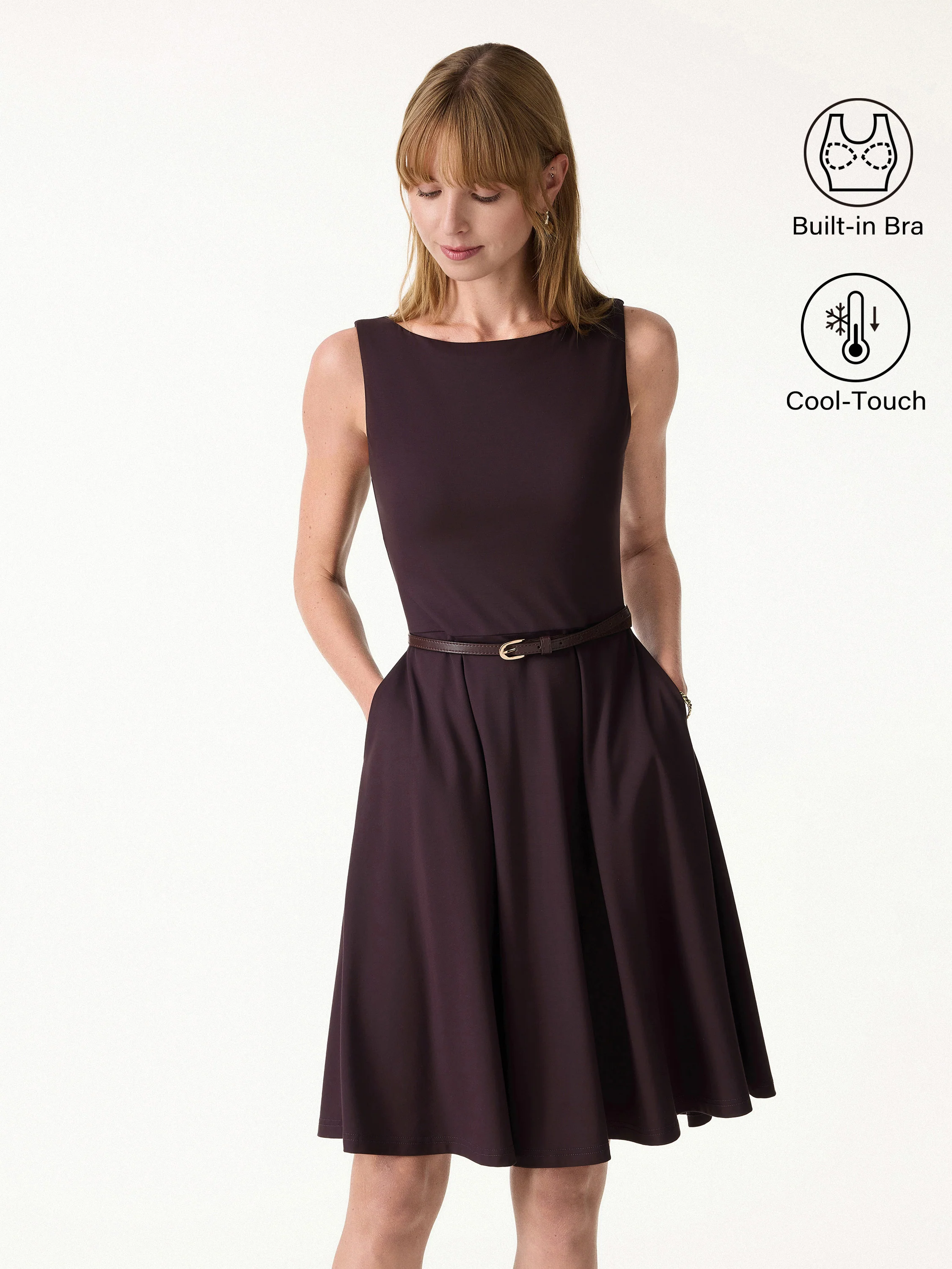 Stretchy Boatneck Fit-and-Flare Mini Bra Dress with Pockets