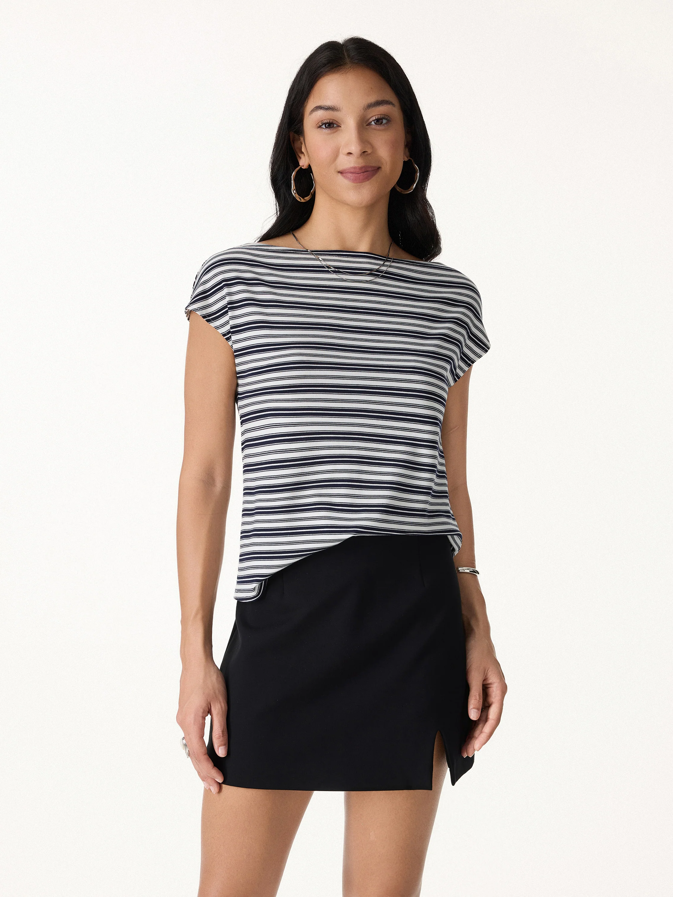 Striped Slash Neck Cap Sleeve Relaxed Top - Image 4