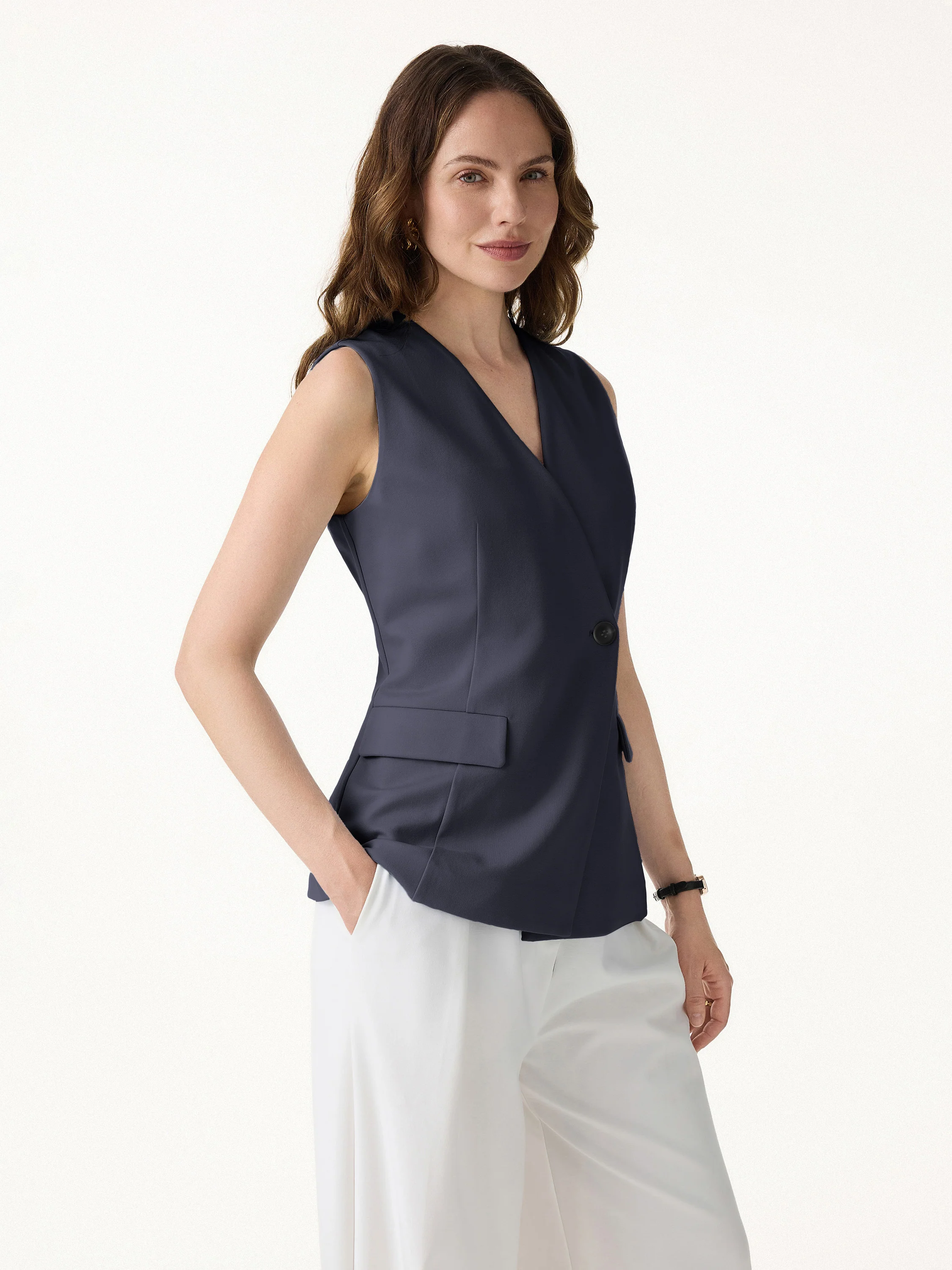 Summer V-Neck Office Staple Waistcoat with Pockets - Image 12
