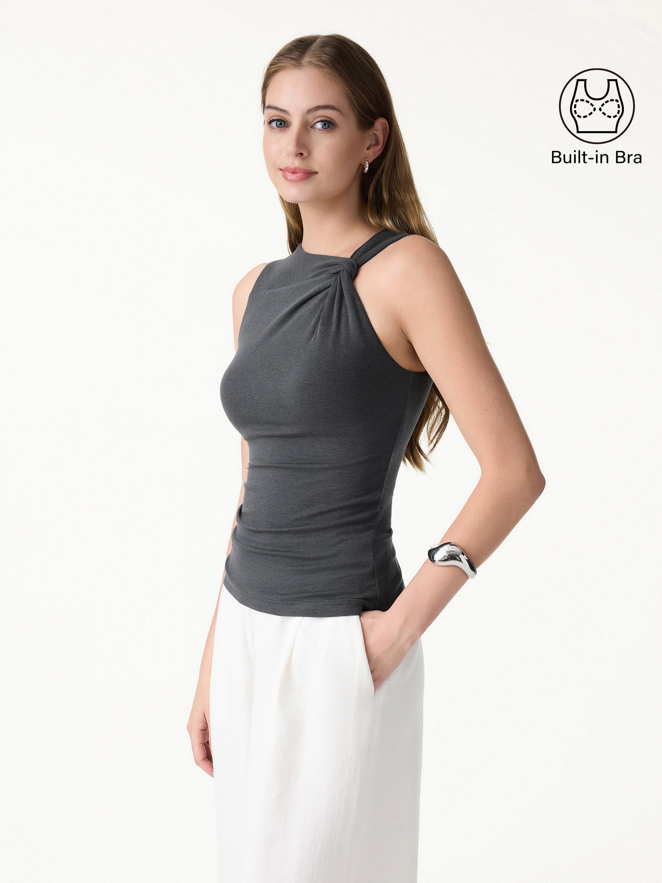 Sweat-Wicking Asymmetrical Neck Knotted Bra Tank