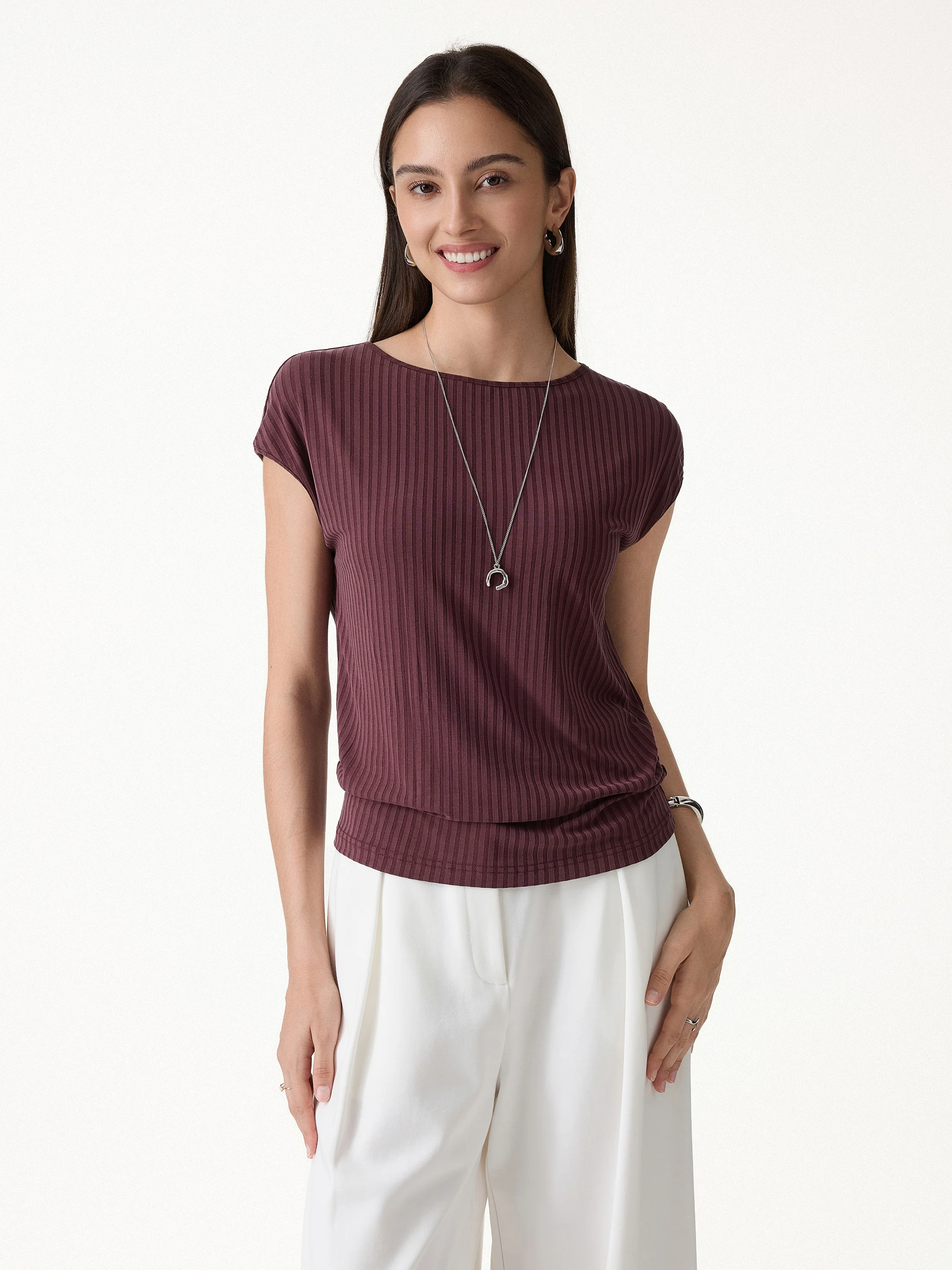 Wrinkle-Free Ultra-soft Boatneck Cap Sleeve Ribbed Top - Image 3
