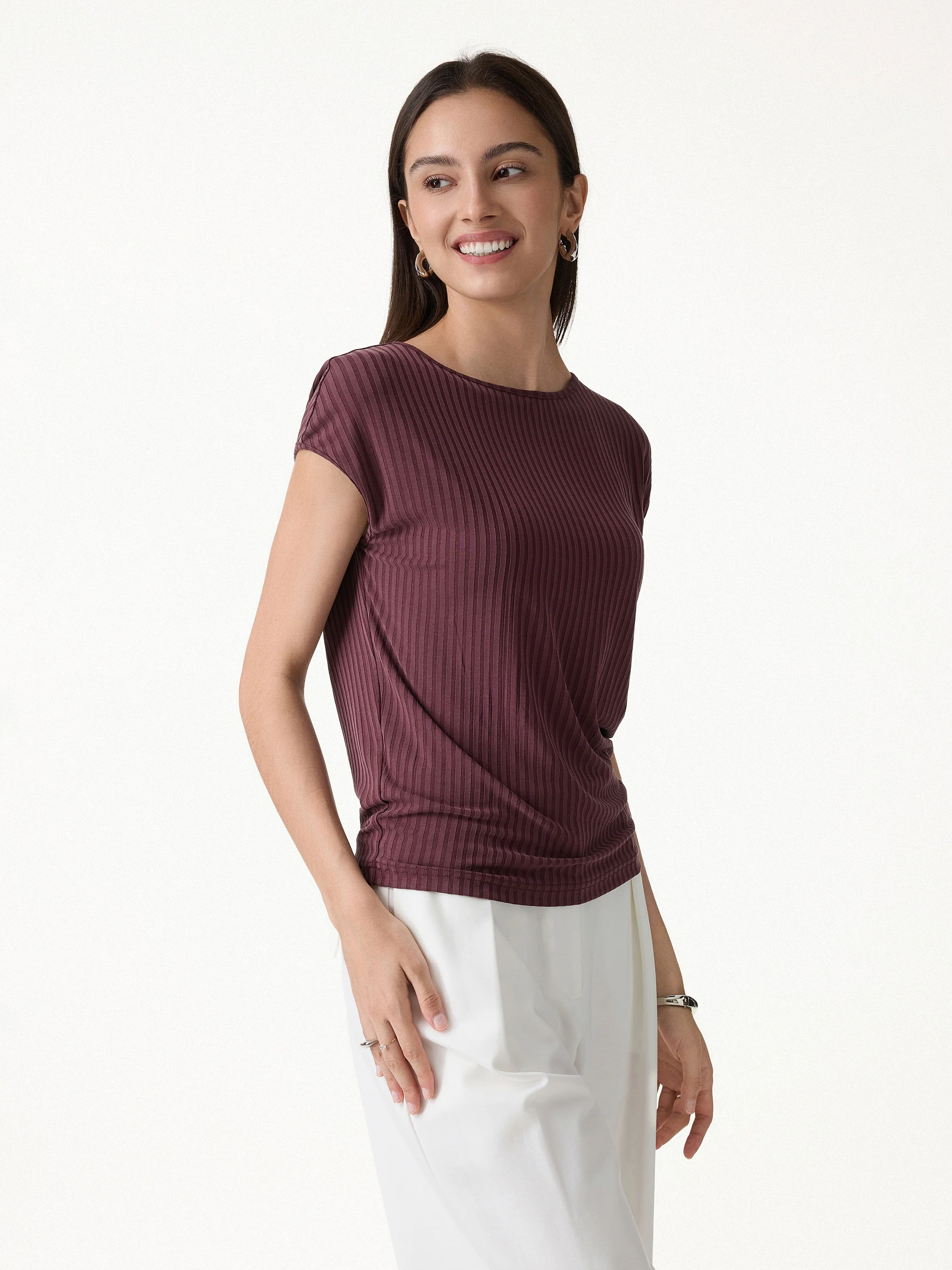 Wrinkle-Free Ultra-soft Boatneck Cap Sleeve Ribbed Top - Image 4