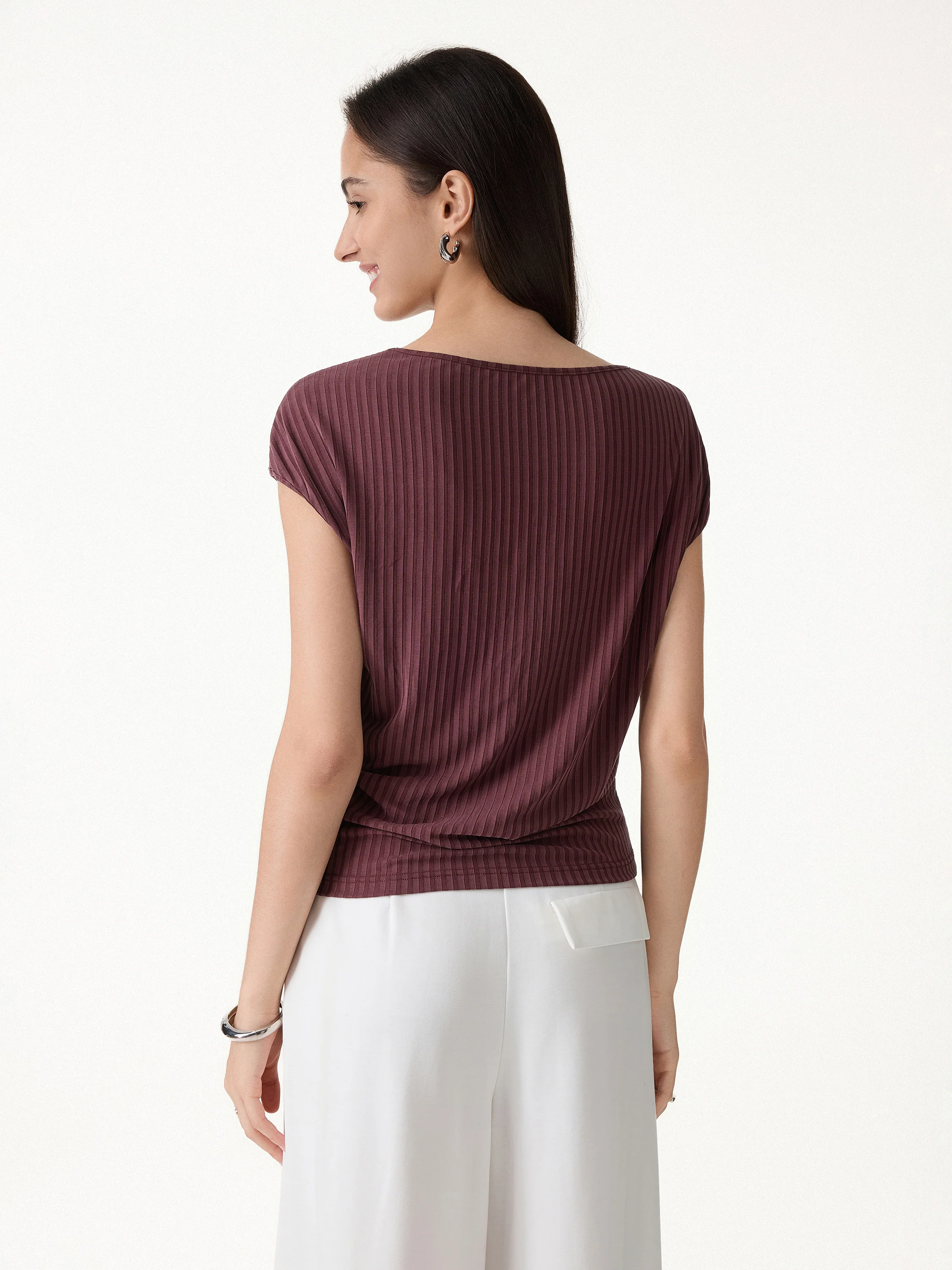 Wrinkle-Free Ultra-soft Boatneck Cap Sleeve Ribbed Top - Image 6