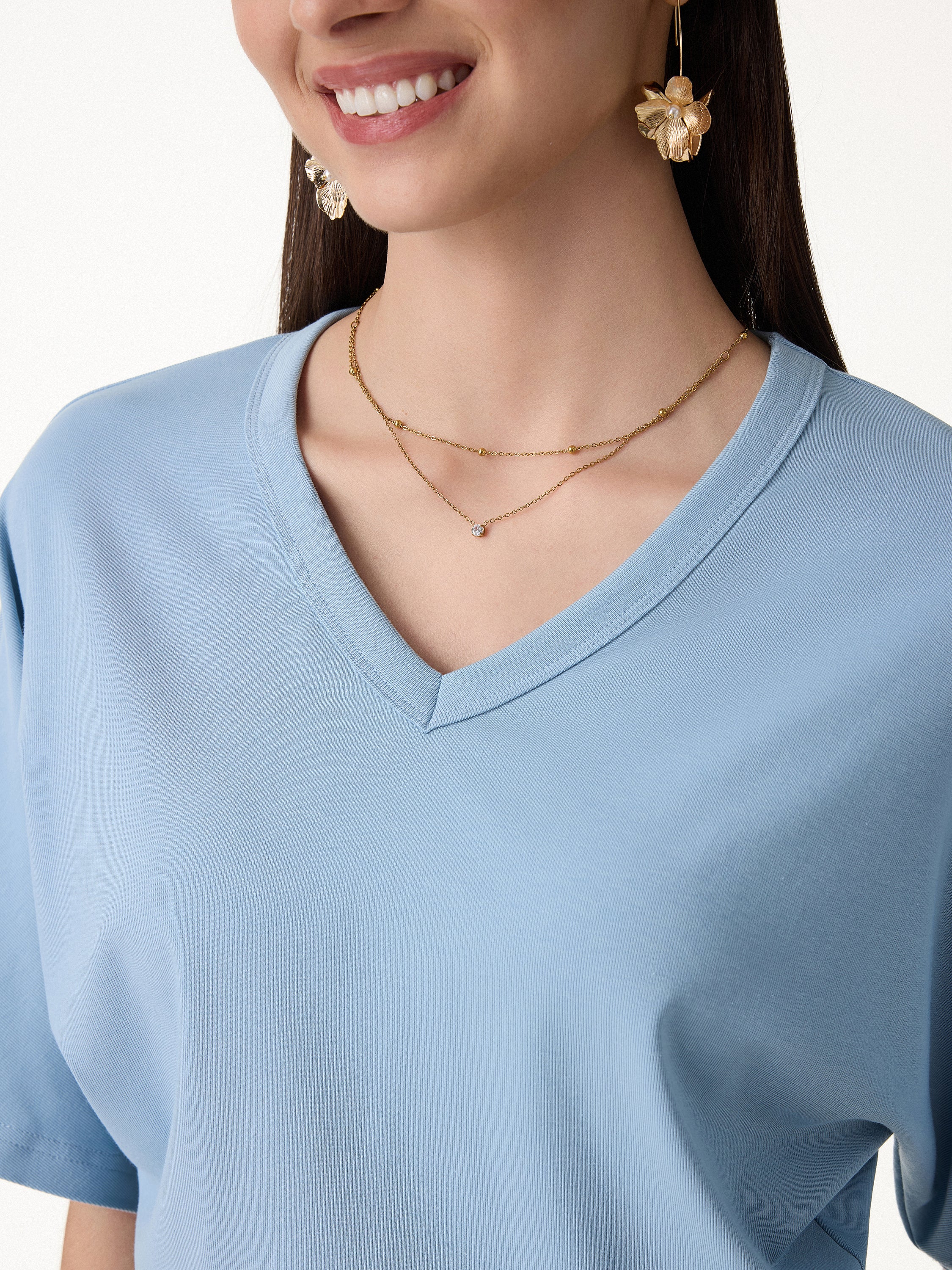 Viscose Cotton V-Neck Waist-Defining Summer Tee - Image 2