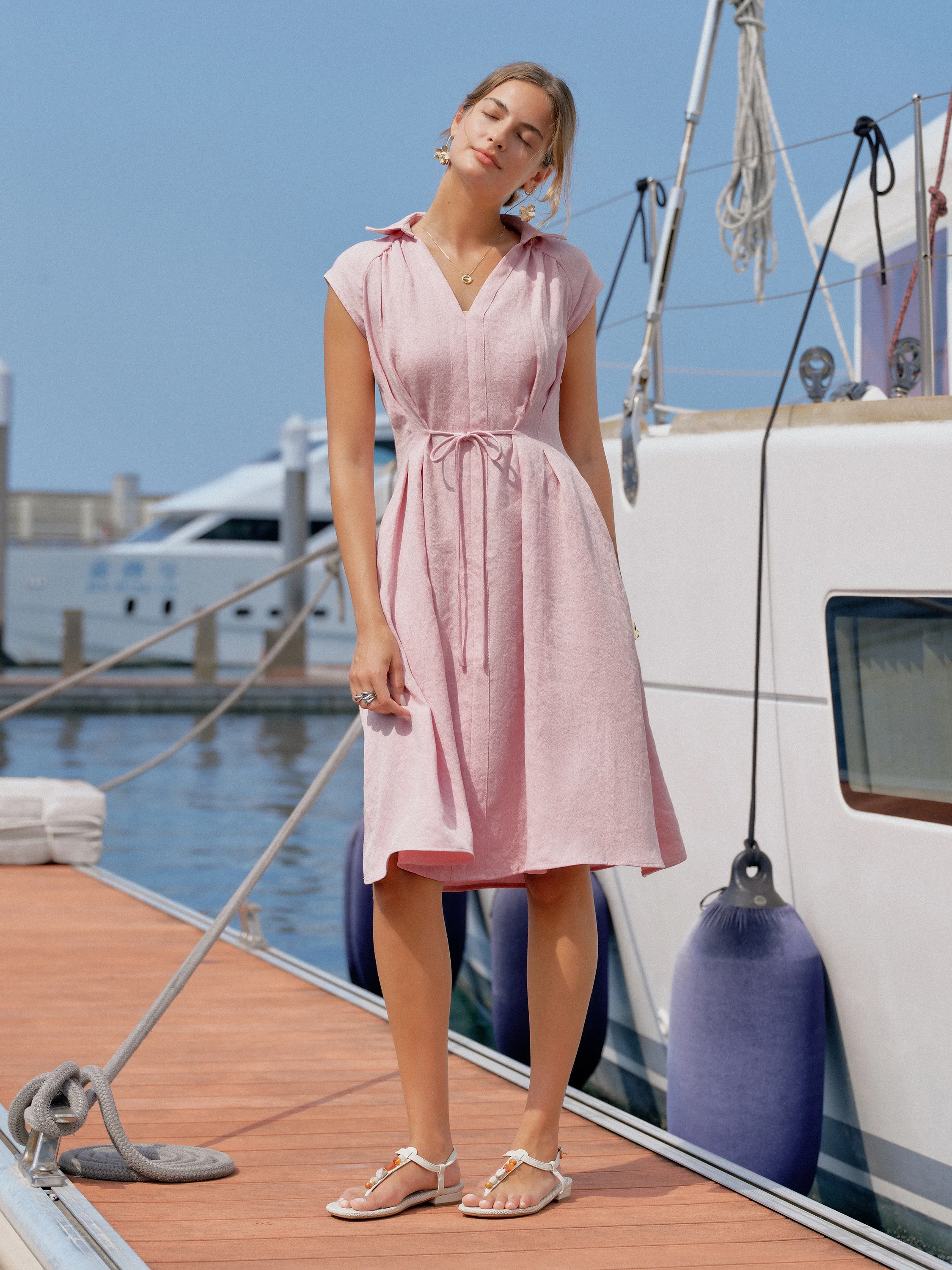Viscose-Linen Collared V-neck Midi Dress with Drawstring - Image 13